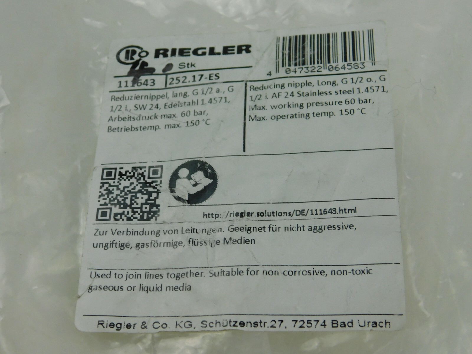 Riegler 252.17-ES Reducing Nipples + ES 254.44 T Piece **Lot of 6 **