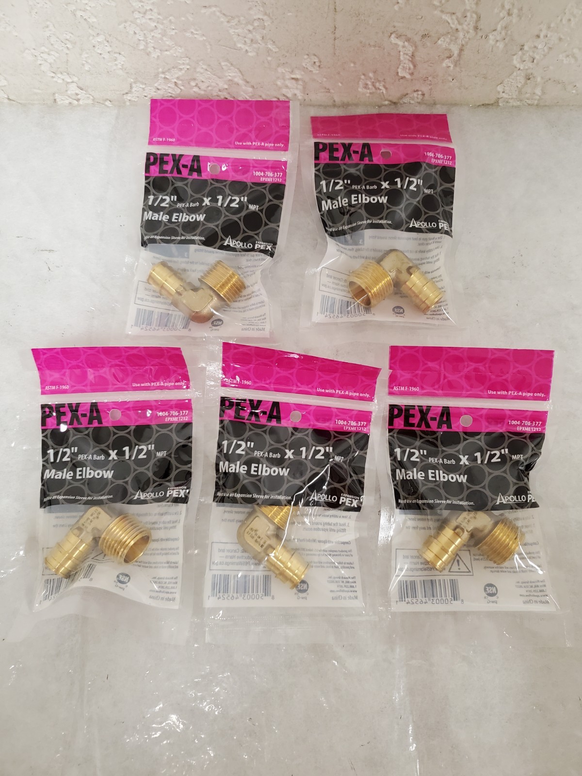 *LOT OF 5* Apollo 1/2 in. x 1/2 in. MNPT PEX-A Barb Brass 90° Male Elbow Fitting