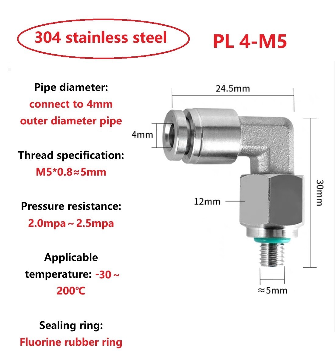 Male thread pneumatic and air pipe quick connector 4×M5 – 16×3/4＂stainless steel