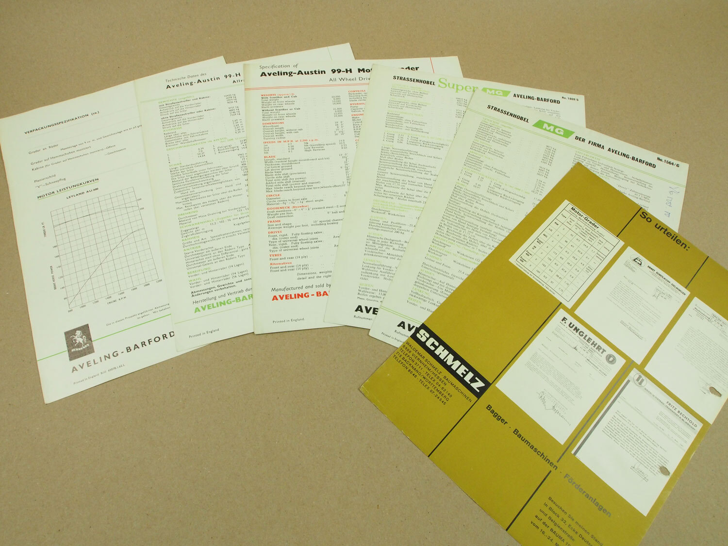 6 Brochures Aveling Austin Barford Pacer 400 99-H Super MG Grader 1957-62