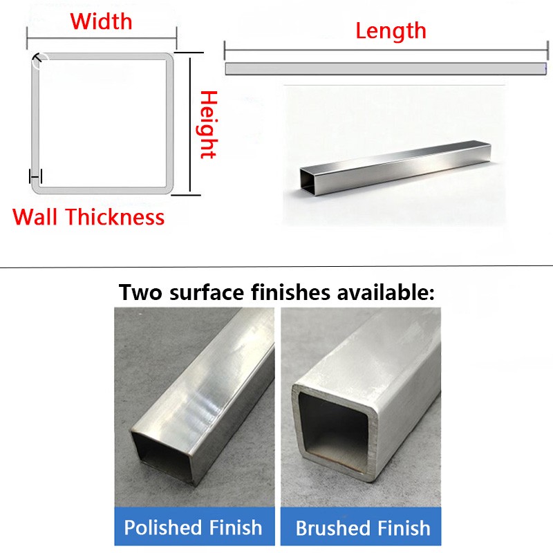Stainless Steel 304 Square/Rectangular Tube Hollow Box Section Pipe 300mm Length