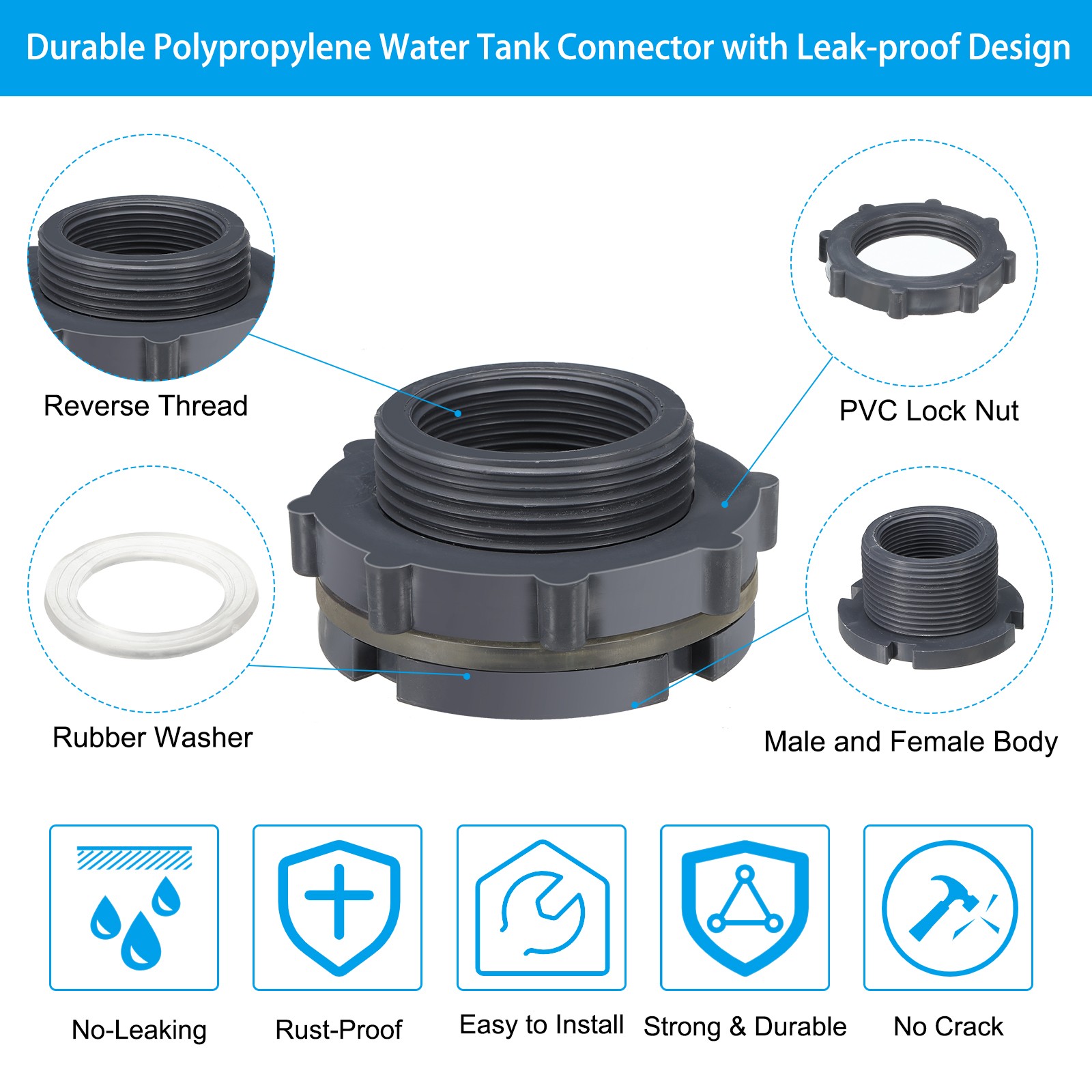 Polypropylene Bulkhead Fitting 1-1/2″ Water Tank Connector Black