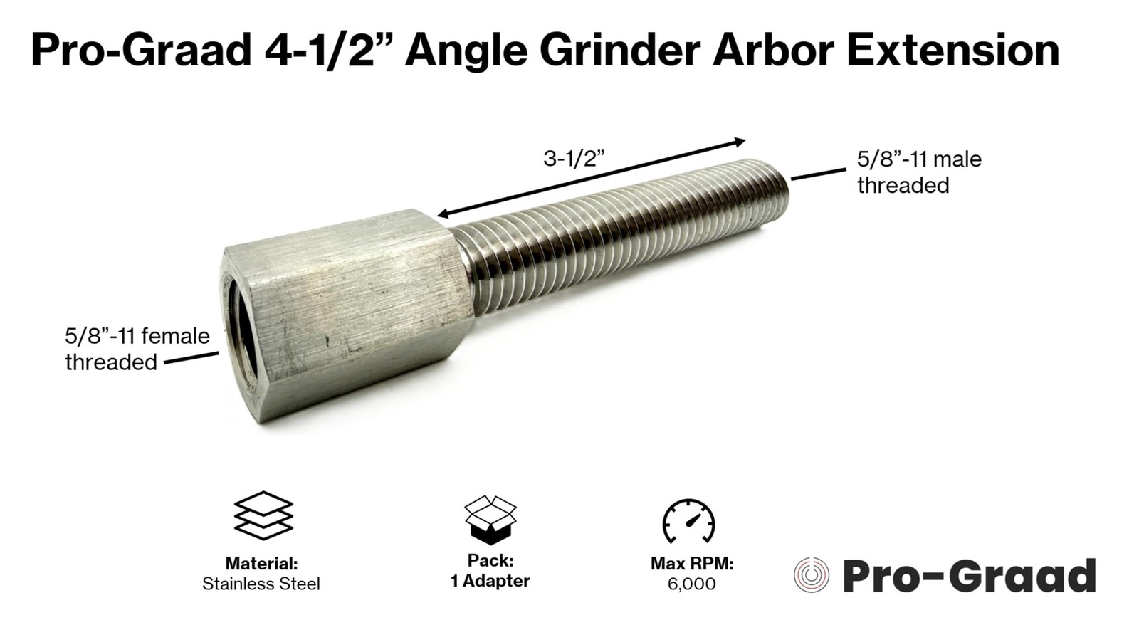Pro-Graad Angle Grinder Extender Shaft 13060 5/8-11 Female to 5/8-11 Male…