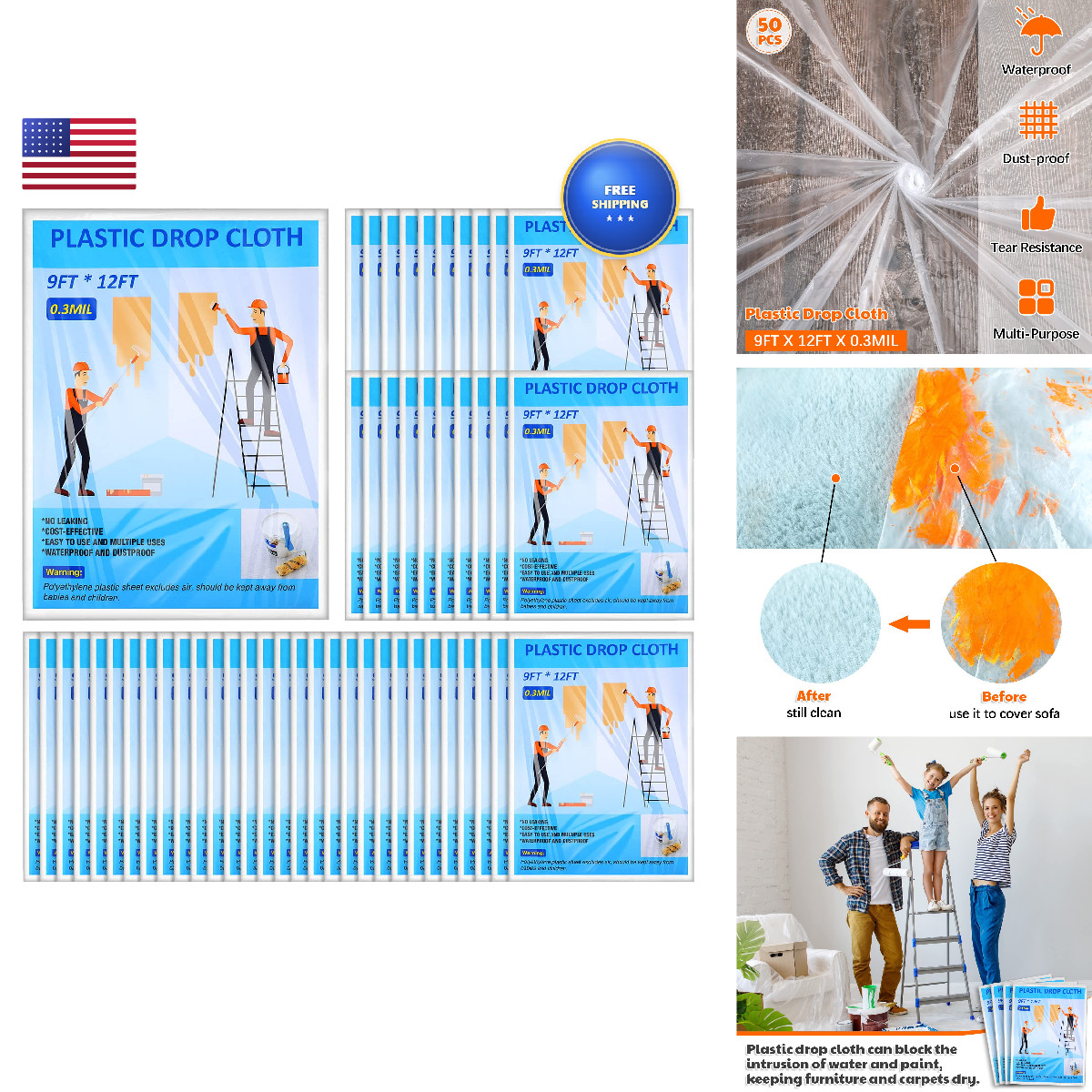 Woanger 50 Pieces Plastic Drop Cloths For Painting 9 X 12 Ft Paint Drop Cloth