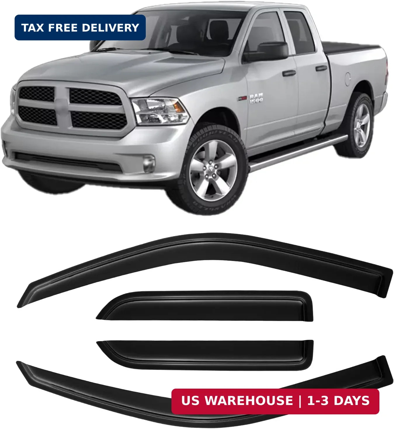 Window Rain Guards Visors for 2009-2018 Dodge Ram 1500 Quad Cab, Out-Channel Win