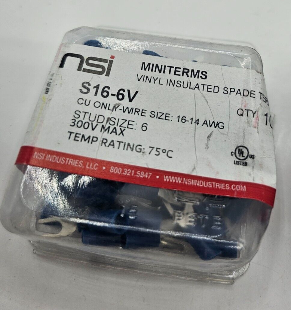( QTY 100 ) NSI S16-6V VINYL INSULATED SPADE TERMINALS 16-14 AWG, 300 V MAX