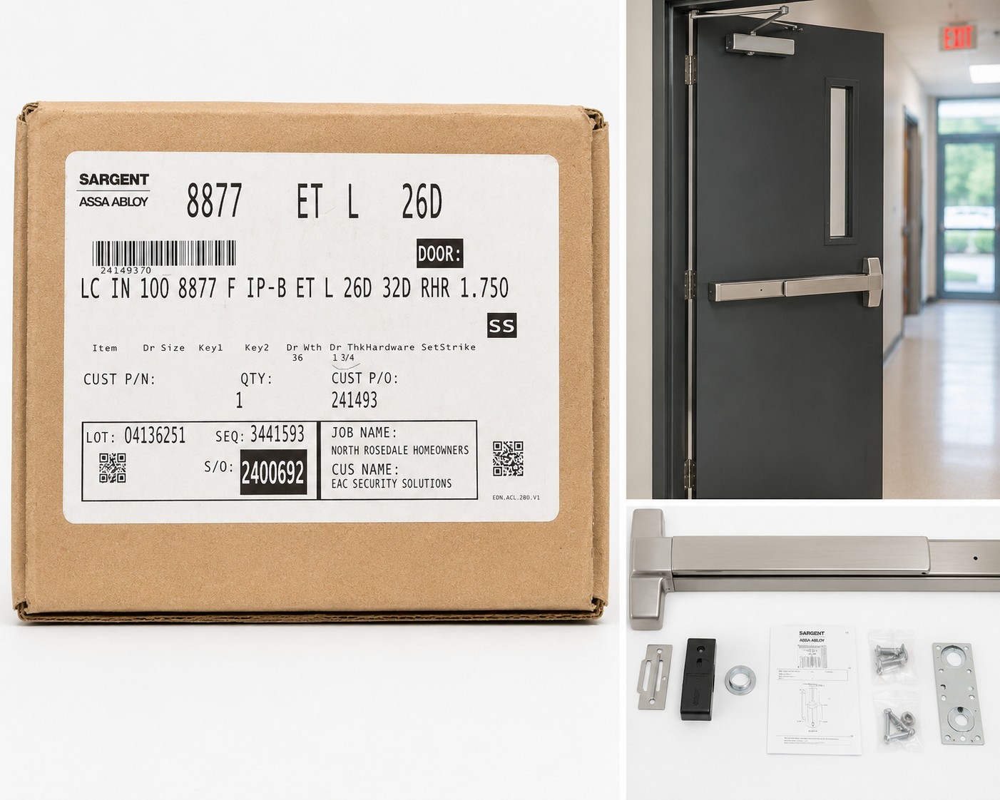 Sargent Assa Abloy 8877 ET L 26D RHR Electrified Exit Device Trim 8800 Series Ne