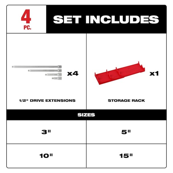 Milwaukee Tool 48-22-9342 4 Pc. 1/2 In. Drive Extension Set
