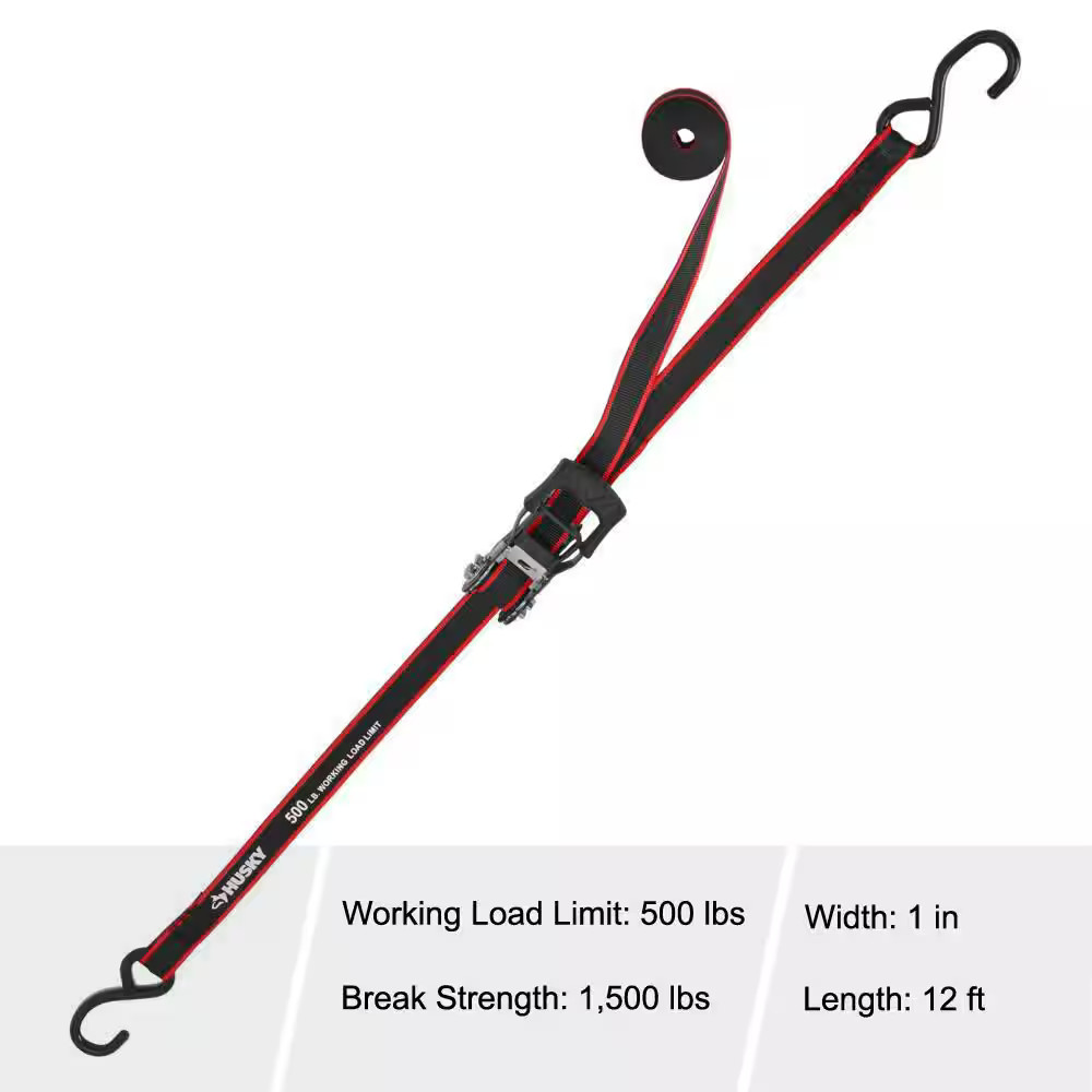 Husky 12 ft. x 1 in. Ratchet Tie-Down Straps with S-Hook (4-Pack)