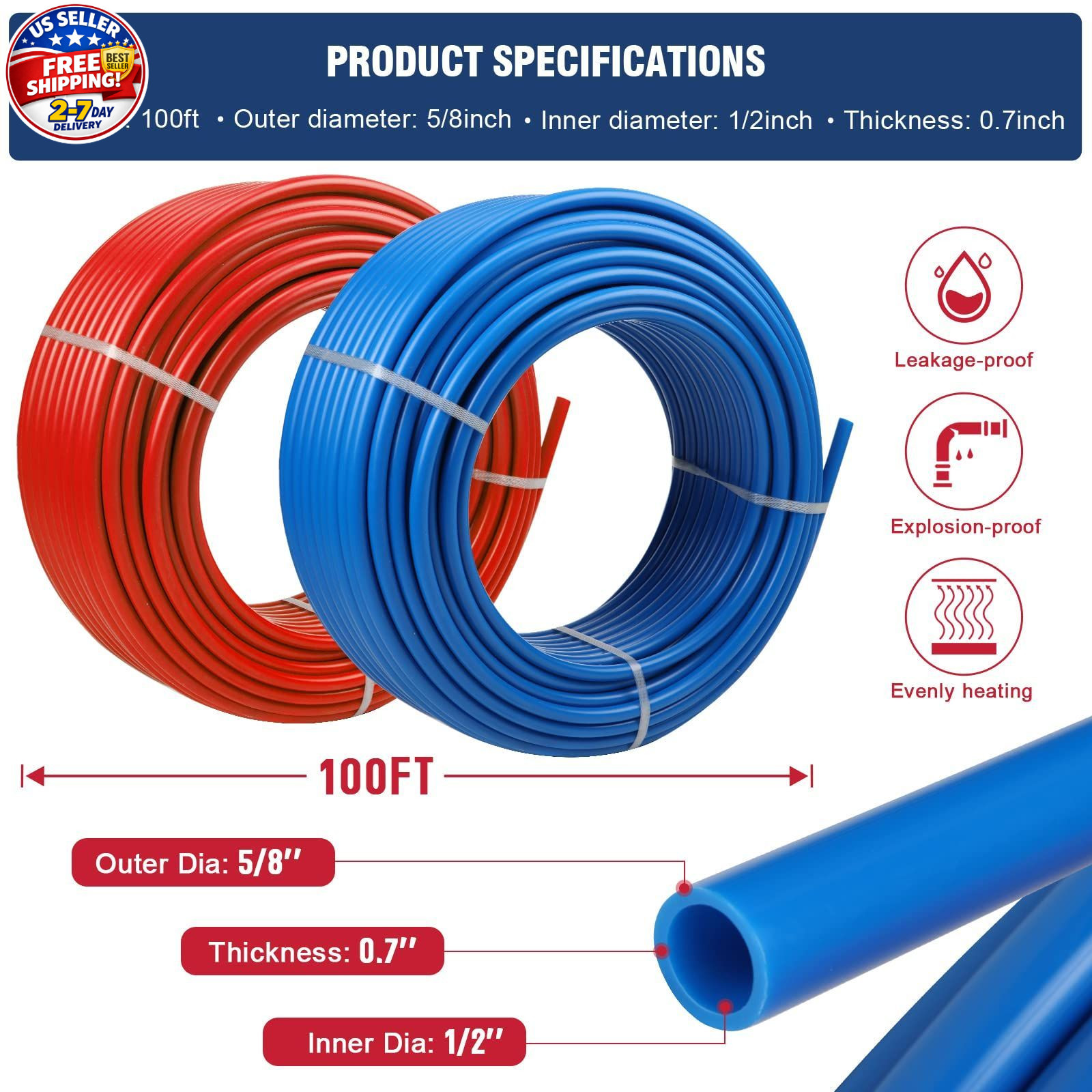 PEX Pipe 1/2 Inch 100ft 2 Rolls PEX Tubing EVOH Pex-B Pipe Non Oxygen Barrier Du