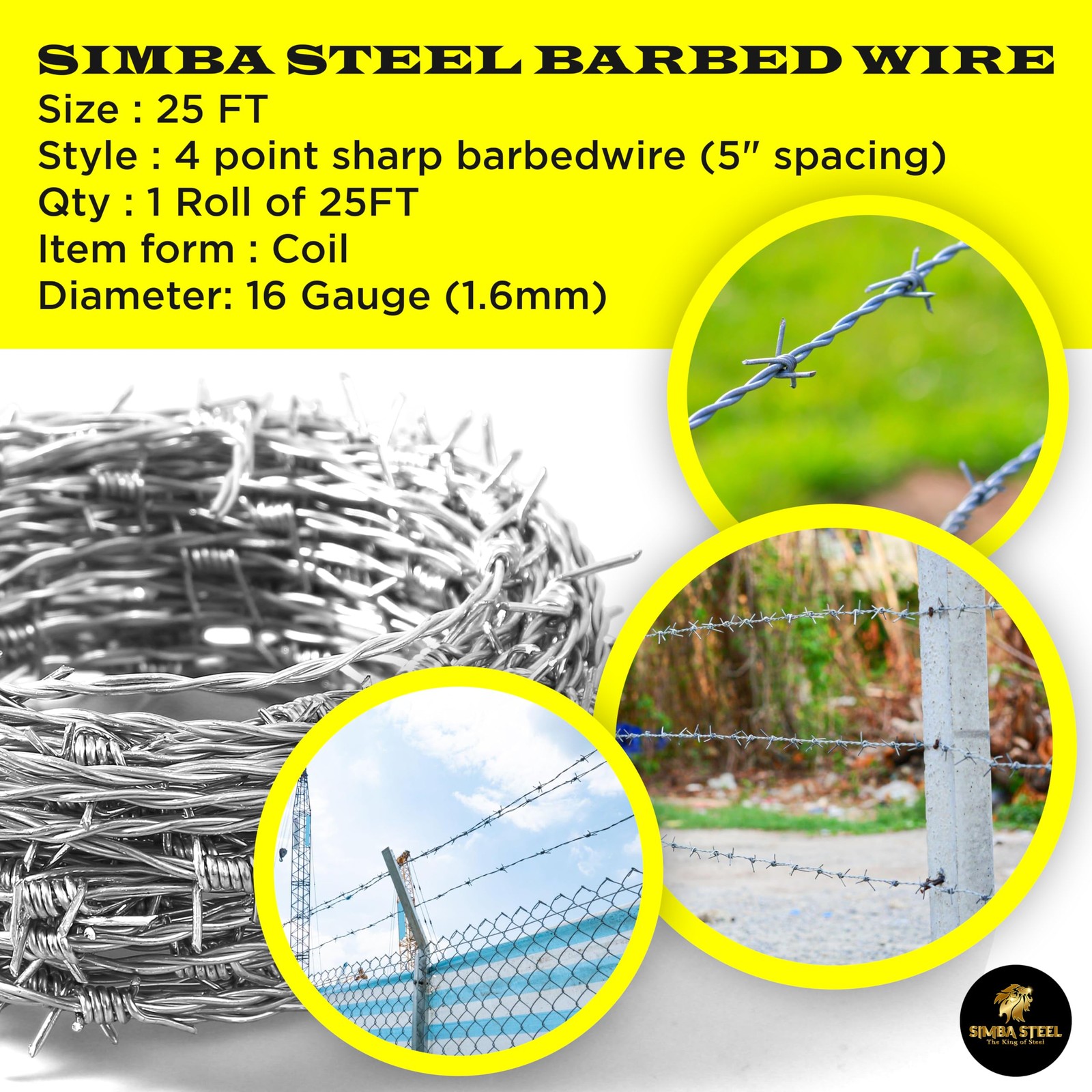 25 FT Roll of Real Barbed Wire Fence | 4 Point | 16 Gauge 25 FT, Silver