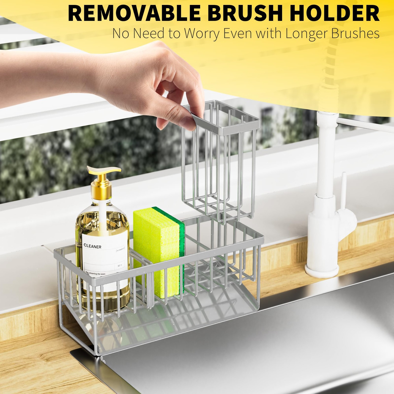 Cisily Sink Caddy Organzier with High Brush Holder, Sponge Holder 9.25″, Grey