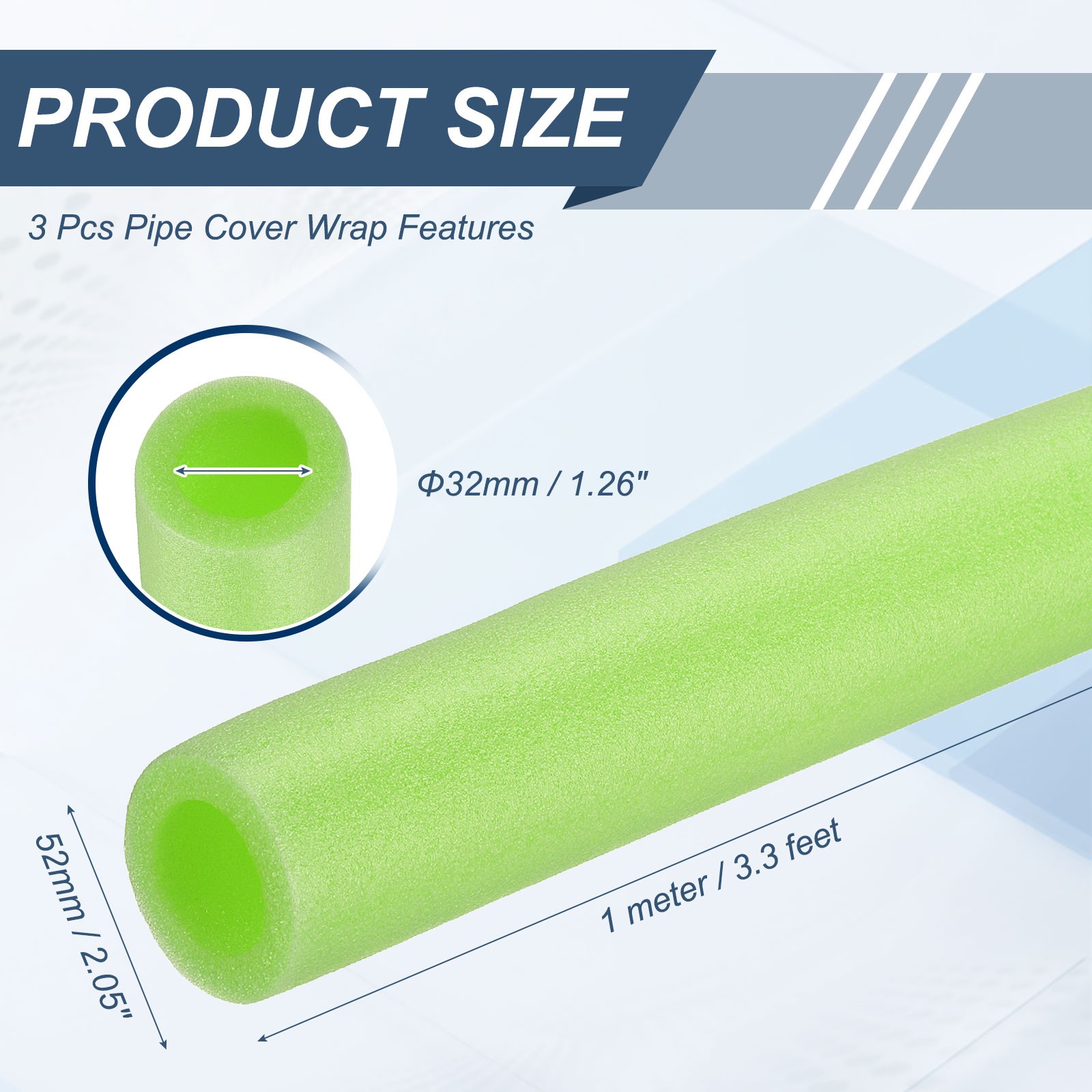 3pcs 1-1/4″ ID 3.3FT Pipe Insulation Foam Tube 2.05″ OD Tubing Cover Green