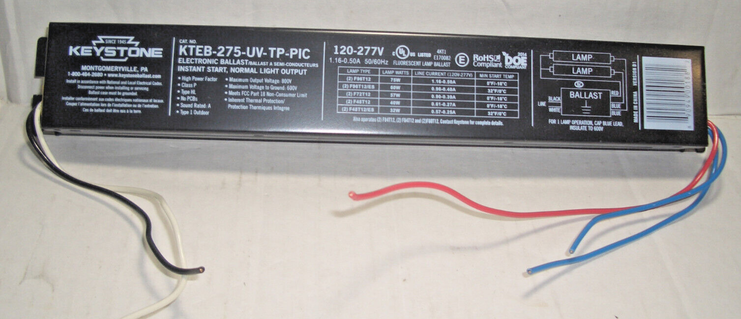 KEYSTONE KTEB-275-UV-TP-PIC 2-BULB BALLAST F96T12,F72T12,F48T12 NEW
