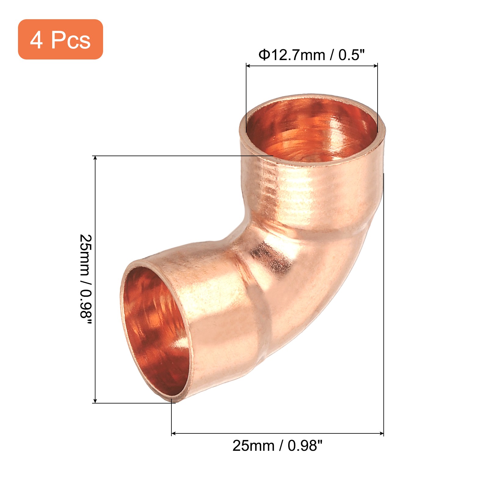 4 Pcs 0.5 Inch 90 Degree Copper Pipe Fitting with Sweat Solder, 0.98×0.98inch