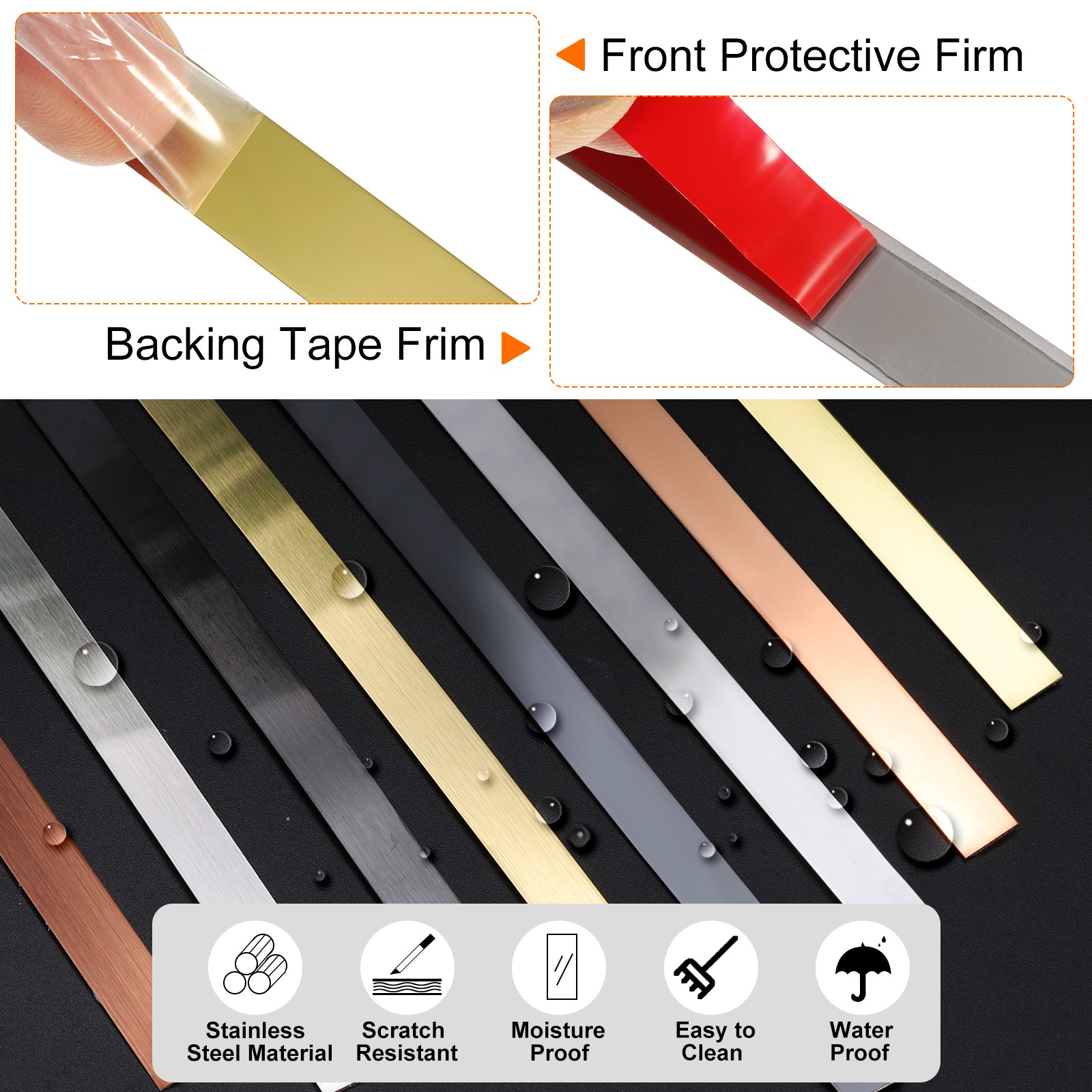 19.7ft x 1.18″ Wall Trim Self Adhesive Stainless Steel Mirror Finish Trim Golden