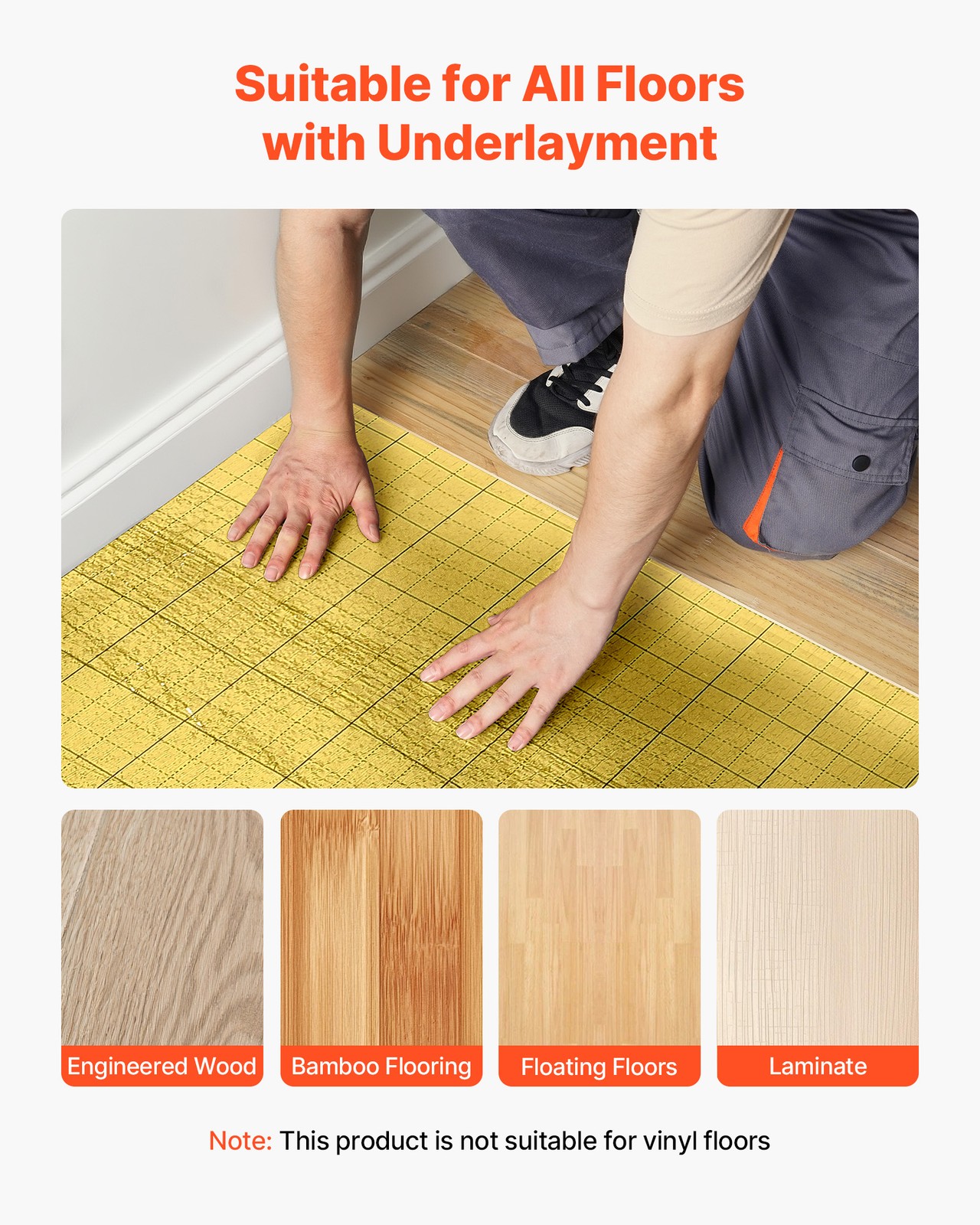 VEVOR Floor Underlayment 200 sq ft Roll 3mm Vapor Barrier Soundproofing Gold