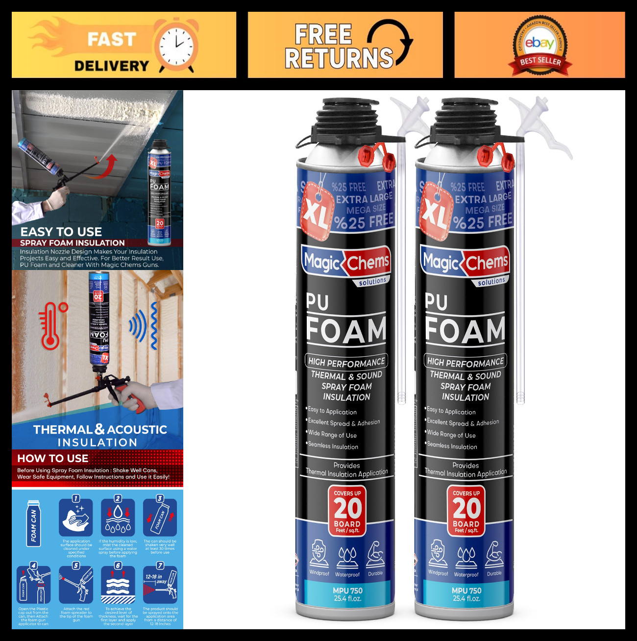 Expanding Spray Foam Insulation Sealant – 2 Pack, 25.4 oz, High Density, Covers