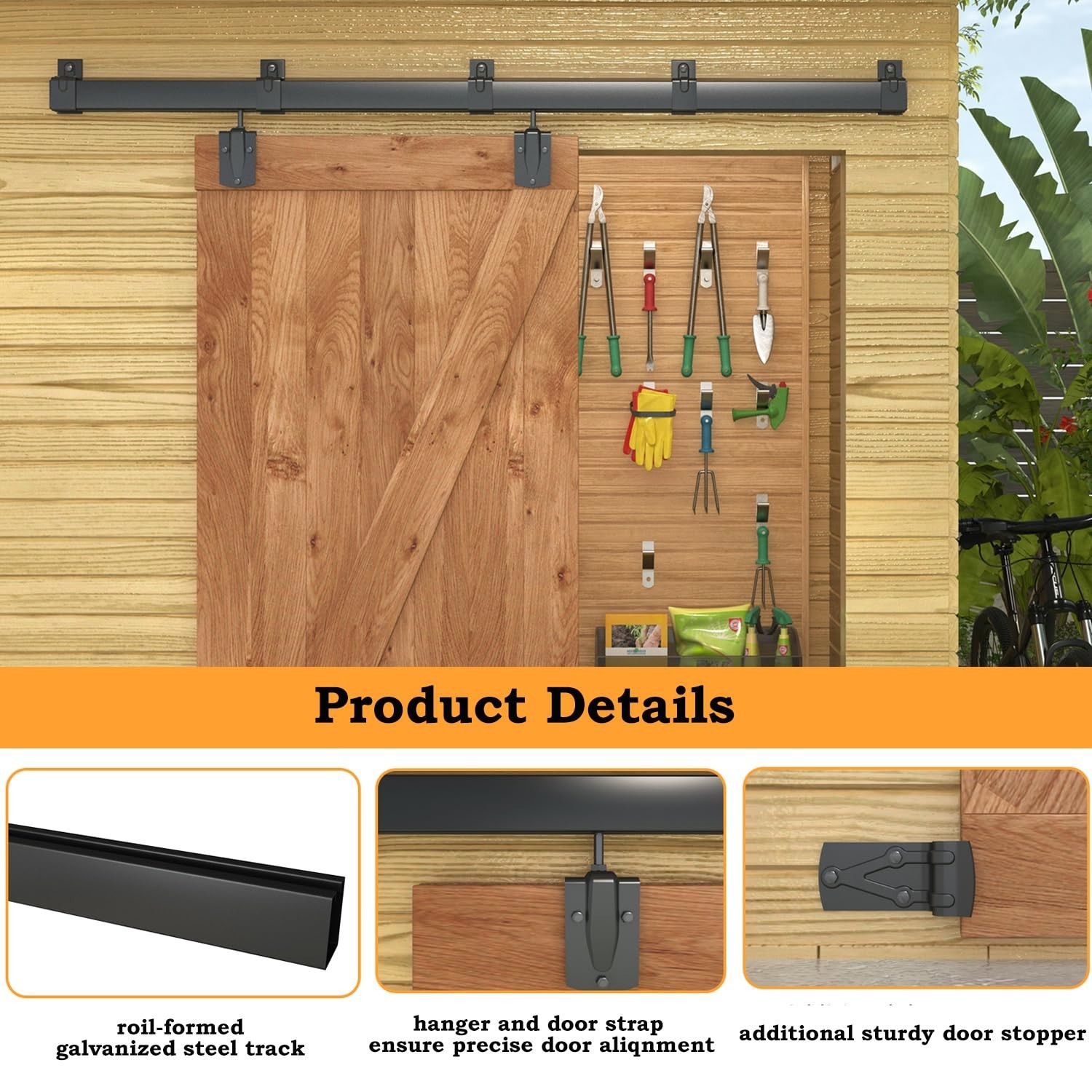 8FT Black Box Rail Exterior Barn Door Hardware Kit, Sliding Heavy Duty Barn D…