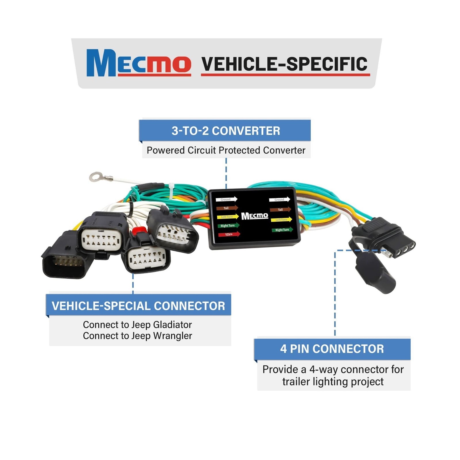 MECMO Multi-Tow 4 Way Flat to 7 Way Blade and 4 Flat Trailer Adapter with Cus…