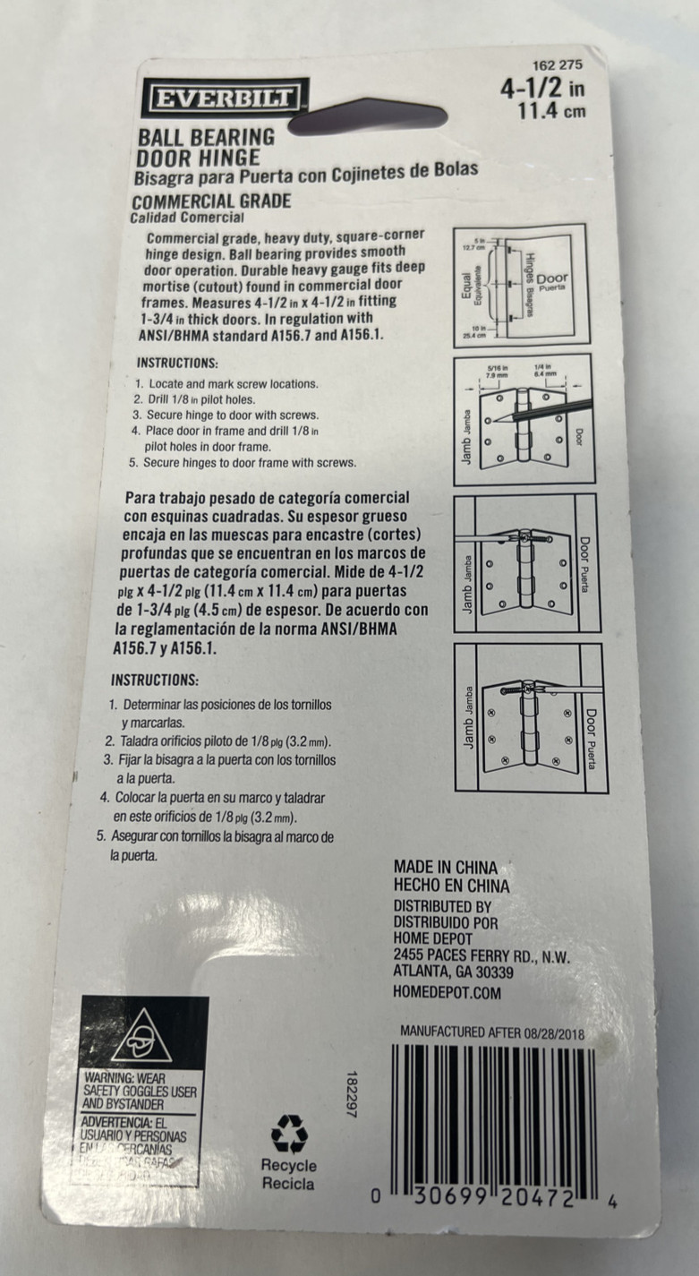 Everbilt 4-1/2 Inch Commercial Grade Ball Bearing Door Hinge (LSX) Satin Chrome