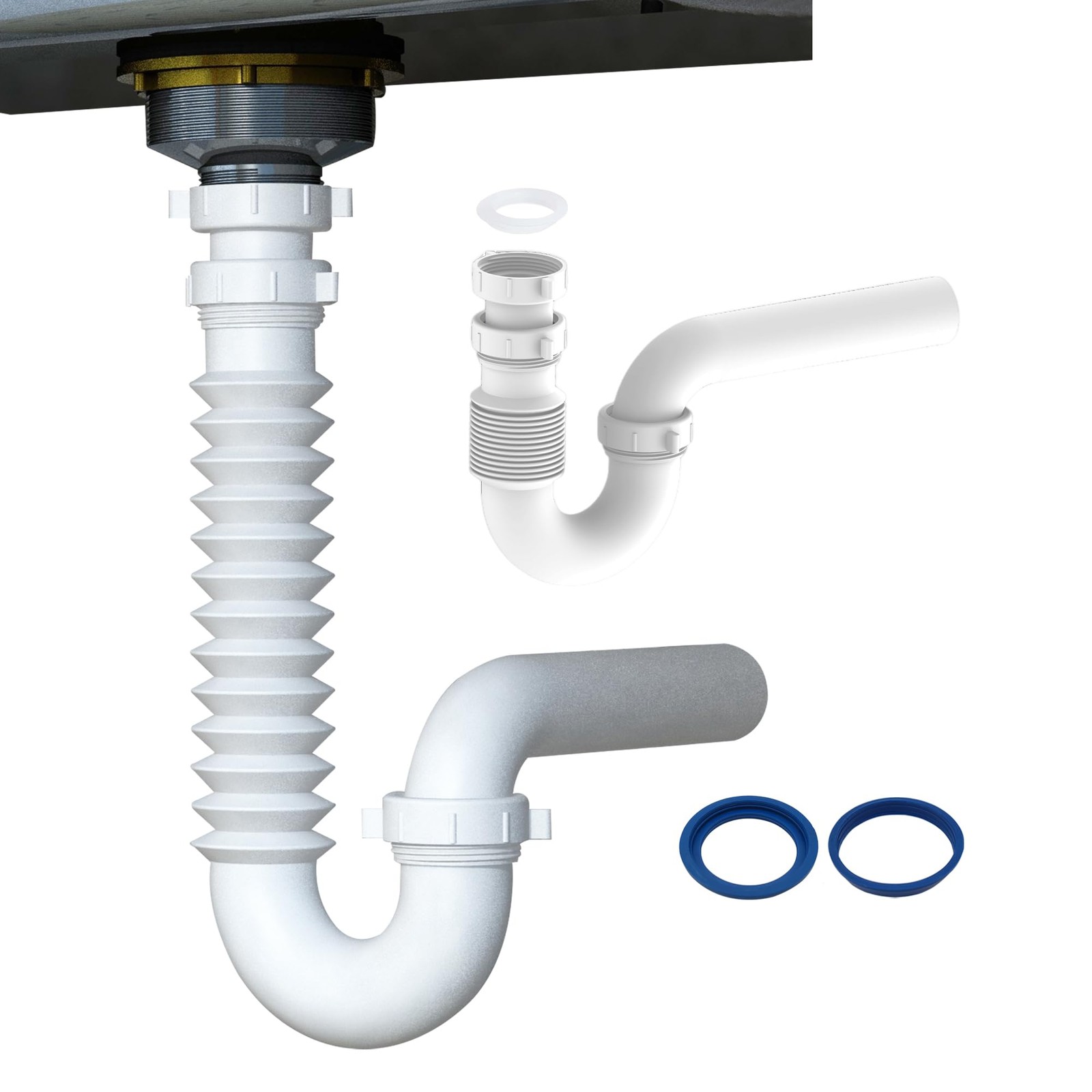 Flexible P Trap for Bathroom Sink, Flex Drain Pipe Sink White