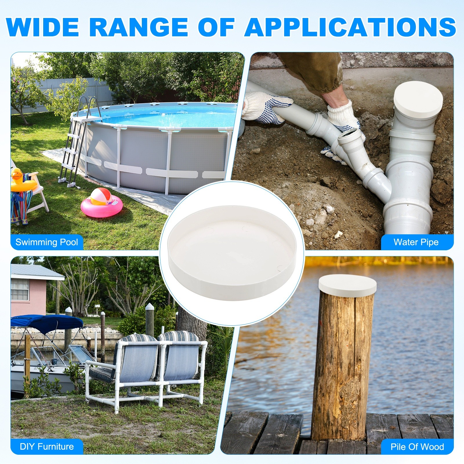 10-Pack PVC Pipe End Cap Plug, 4 Inch PVC Plug Coupling Pipe Fitting Socket