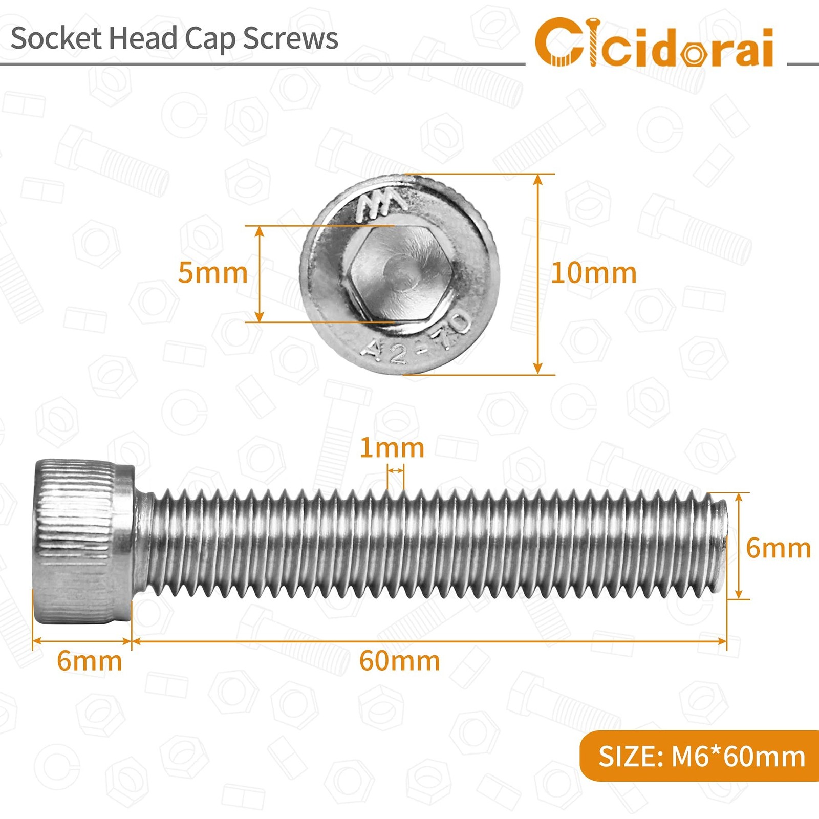M6-1.0 x 60mm Socket Head Cap Screws Bolts, 304 Stainless Steel (A2-70), Alle…