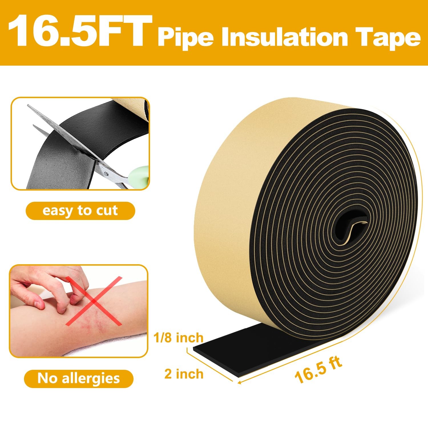 DEMEDO Pipe Insulation 2 inches wide x 1/8 inch thick x 16.5 feet long, Black