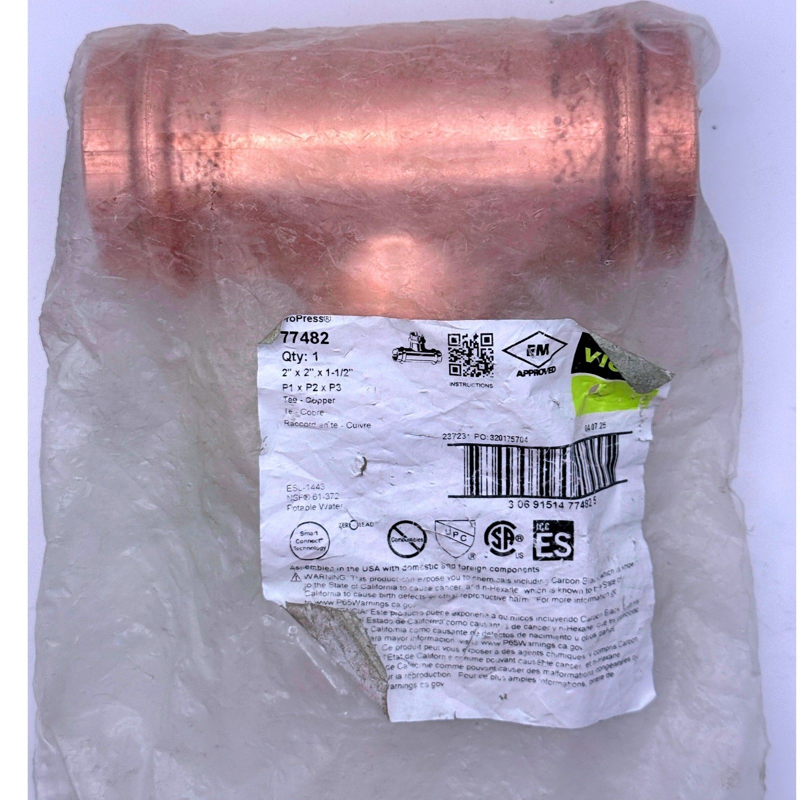 Viega ProPress Copper Tee 2″ x 2″ x 1-1/2″ Reducing Tee 77482