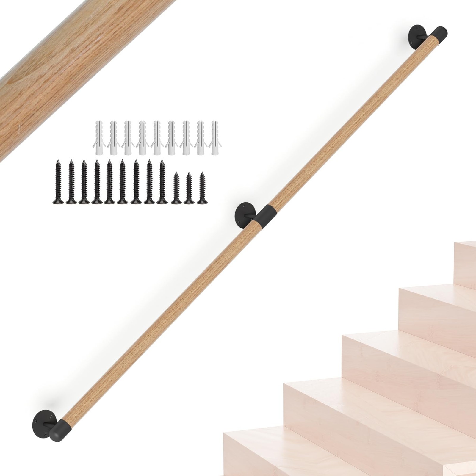 5FT Round Wooden Stair Handrail,Indoor Staircase Handrail,Wall Mount Support …