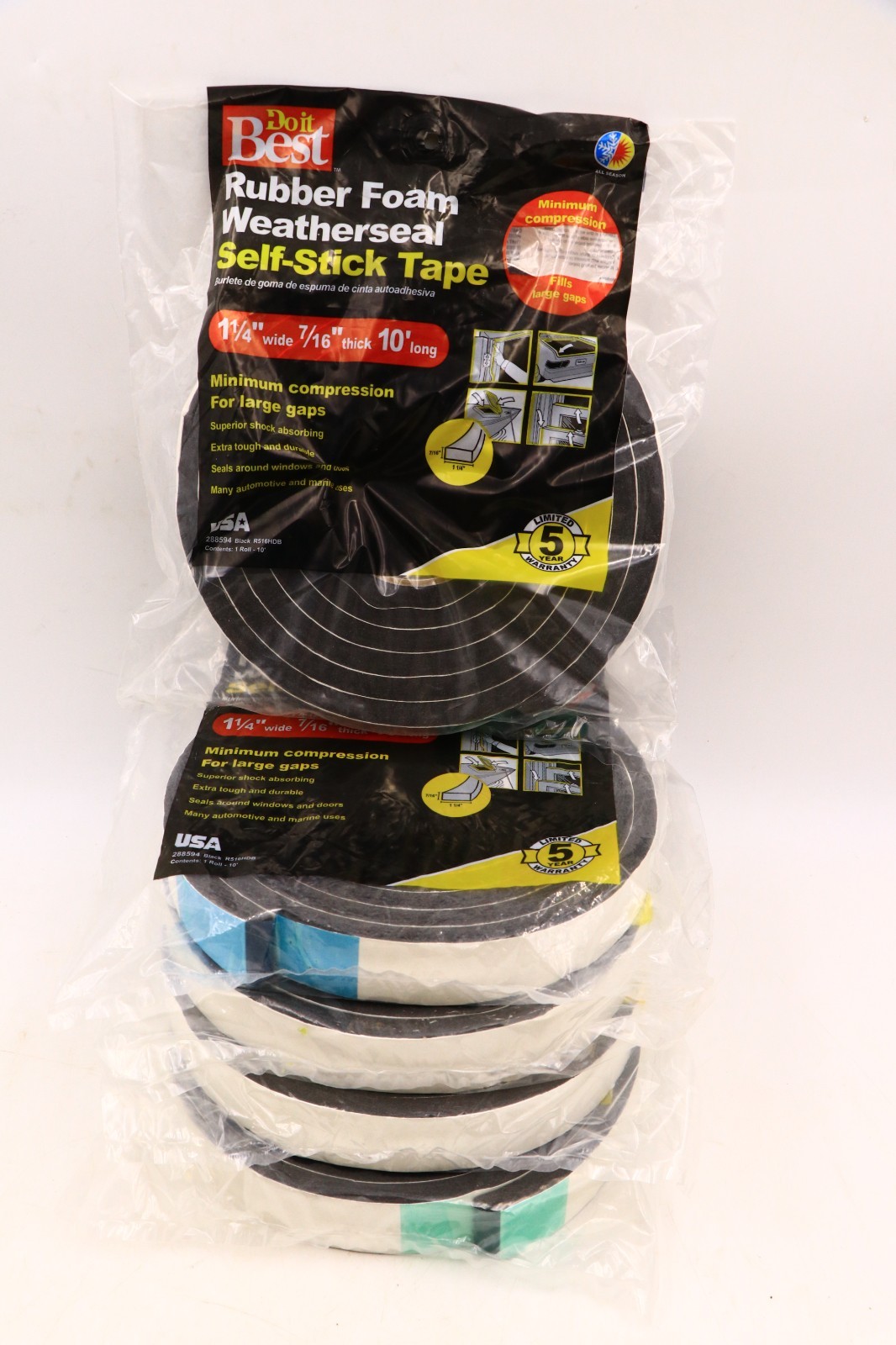 Lot Of 5×10′ 50 Ft Do It Best Rubber Foam Weatherseal Self-Stick Tape 1.25″x7/16