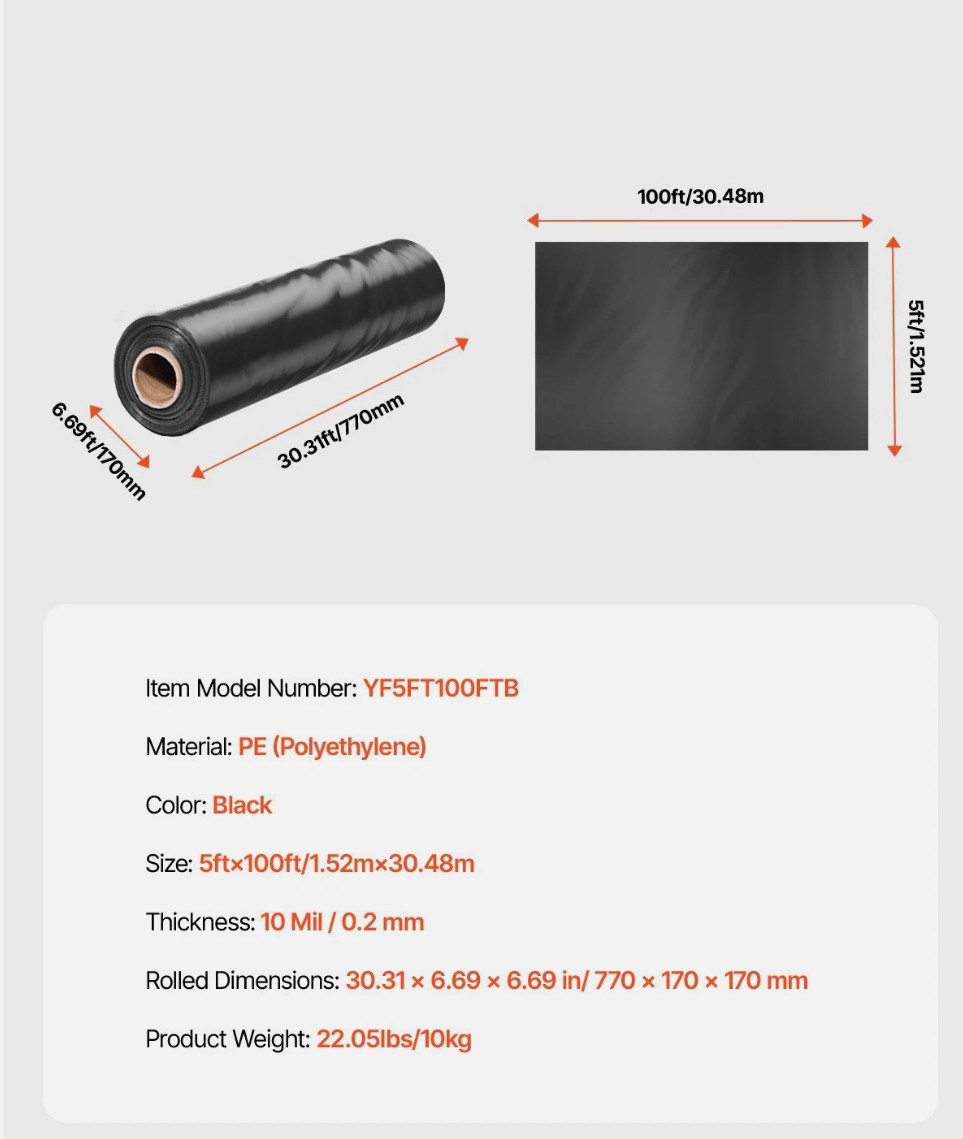 10Mil Plastic Sheeting Roll 5 x 100 FT Heavy Duty Polyethylene Black