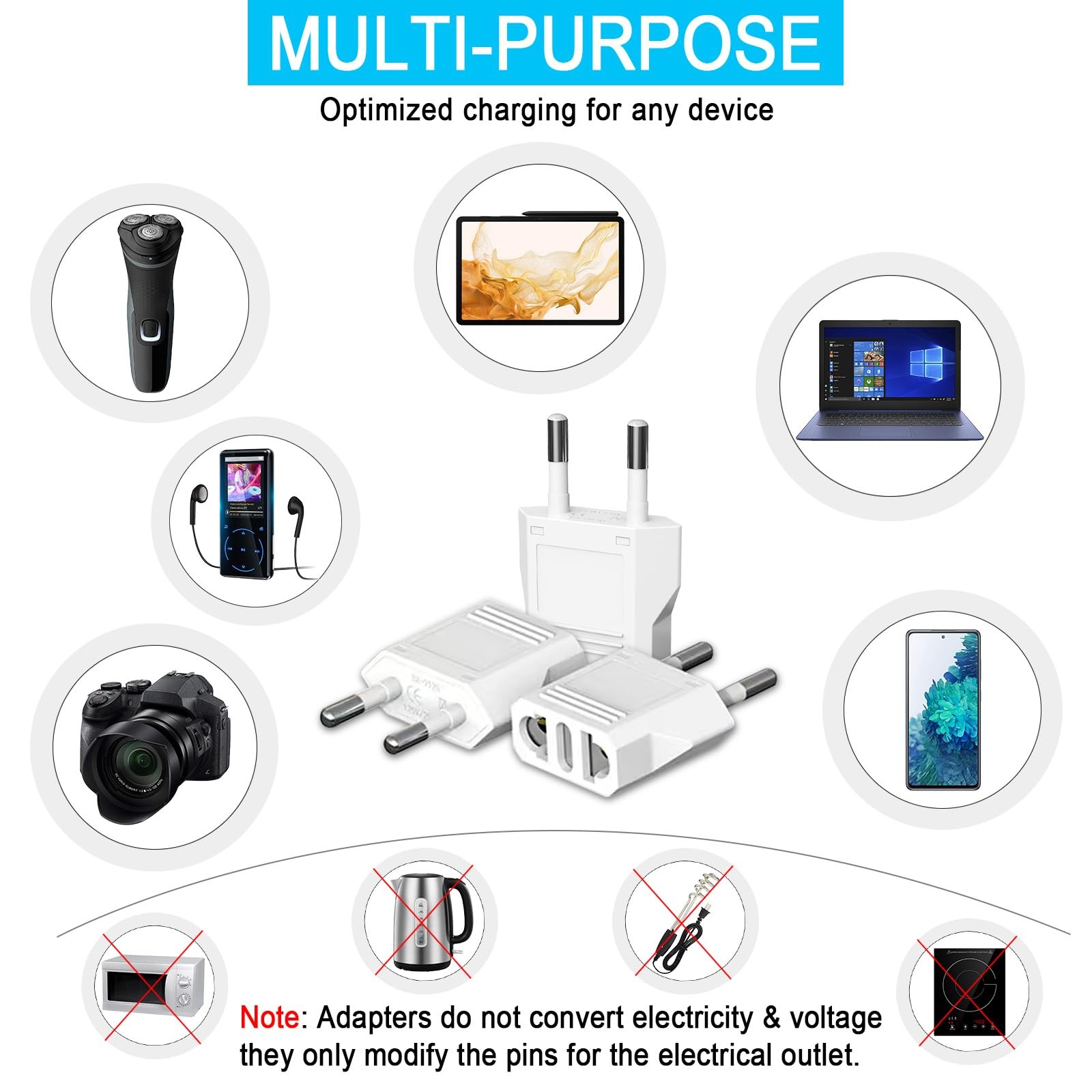 6 Pack European Travel Plug Adapter, US to Europe Type C- 6 White