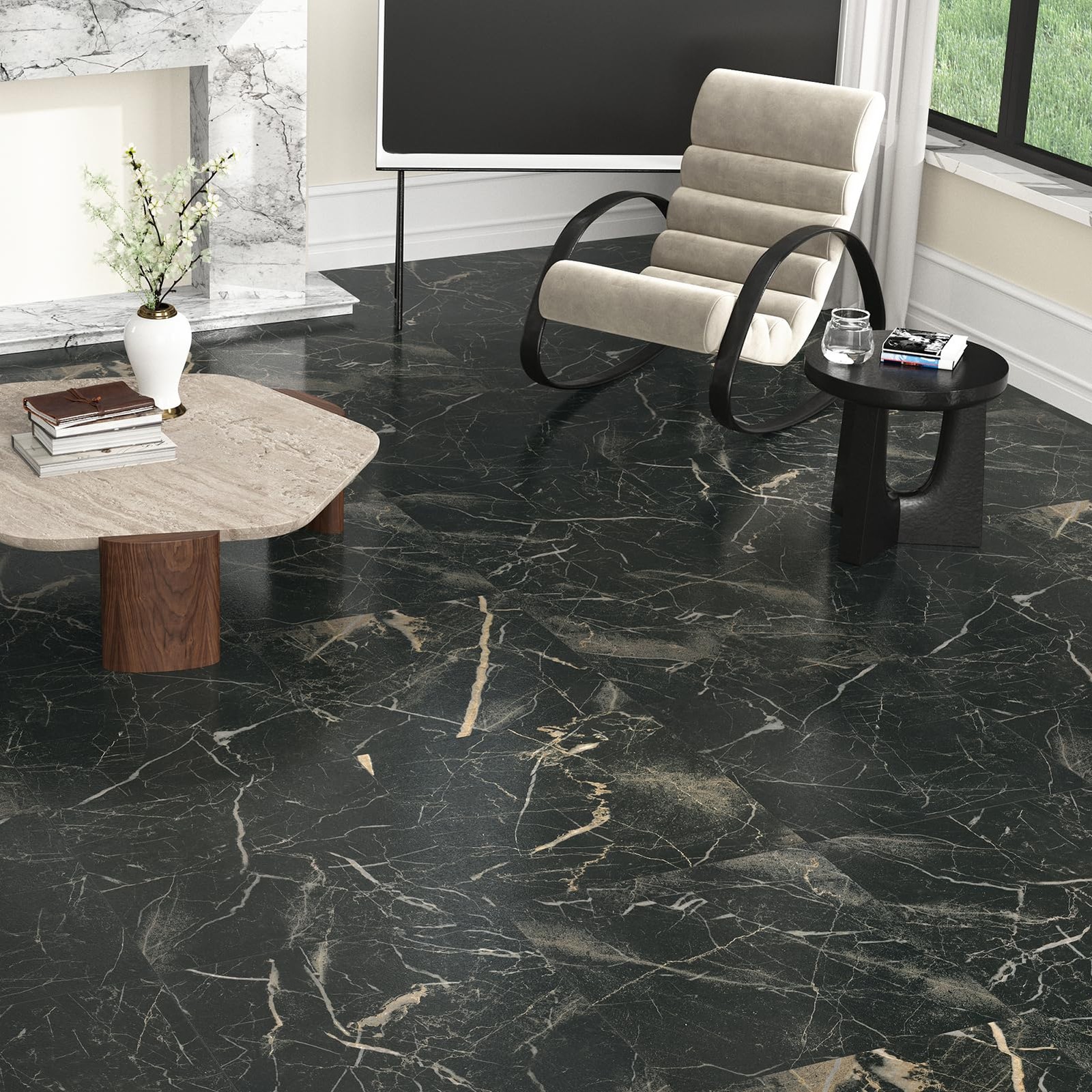 Wallderful Marble Peel and Stick Floor Tile Black 12″x12″x0.06″, Gold