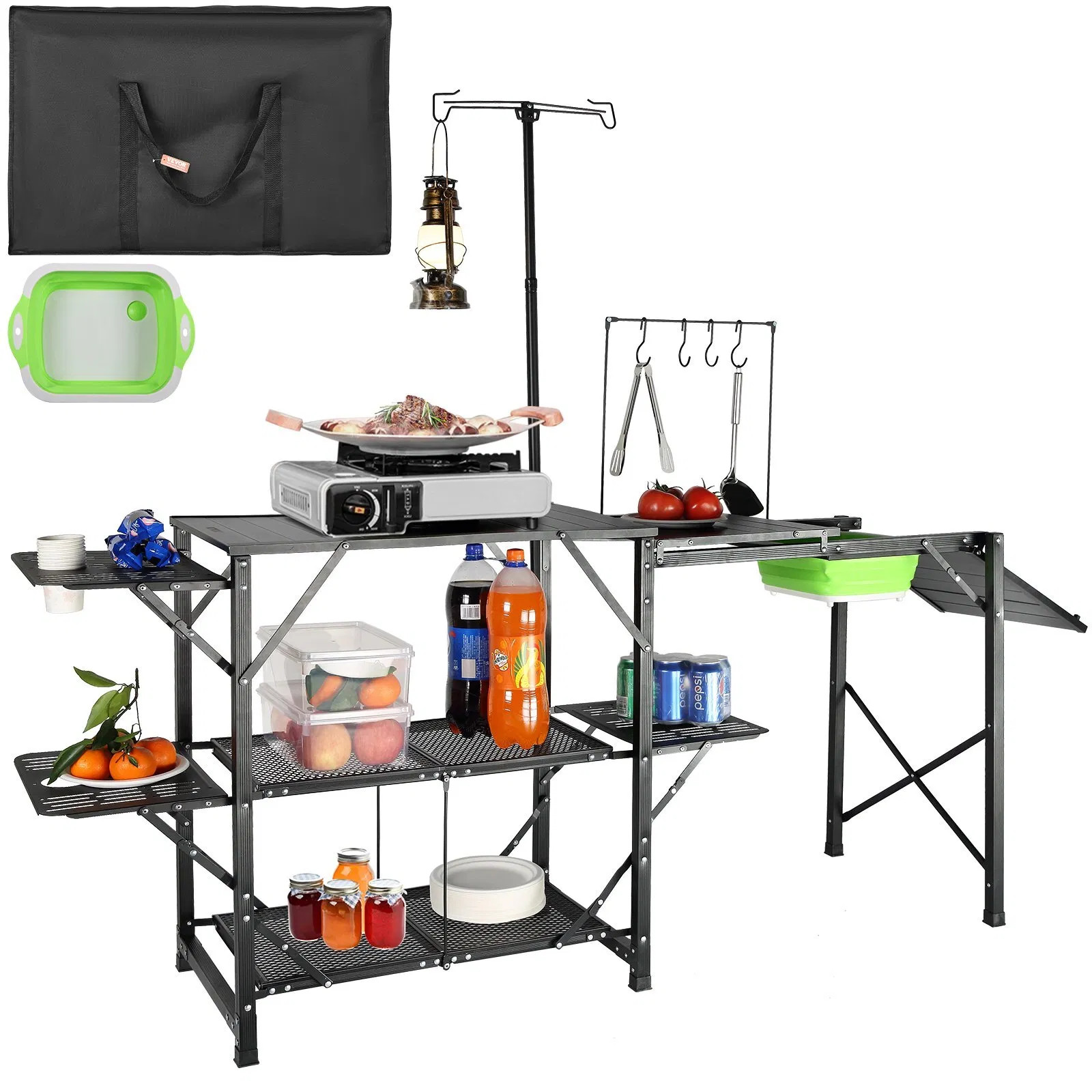 Camping Kitchen Table, One-piece Folding Portable Cook Station with A Carrying B