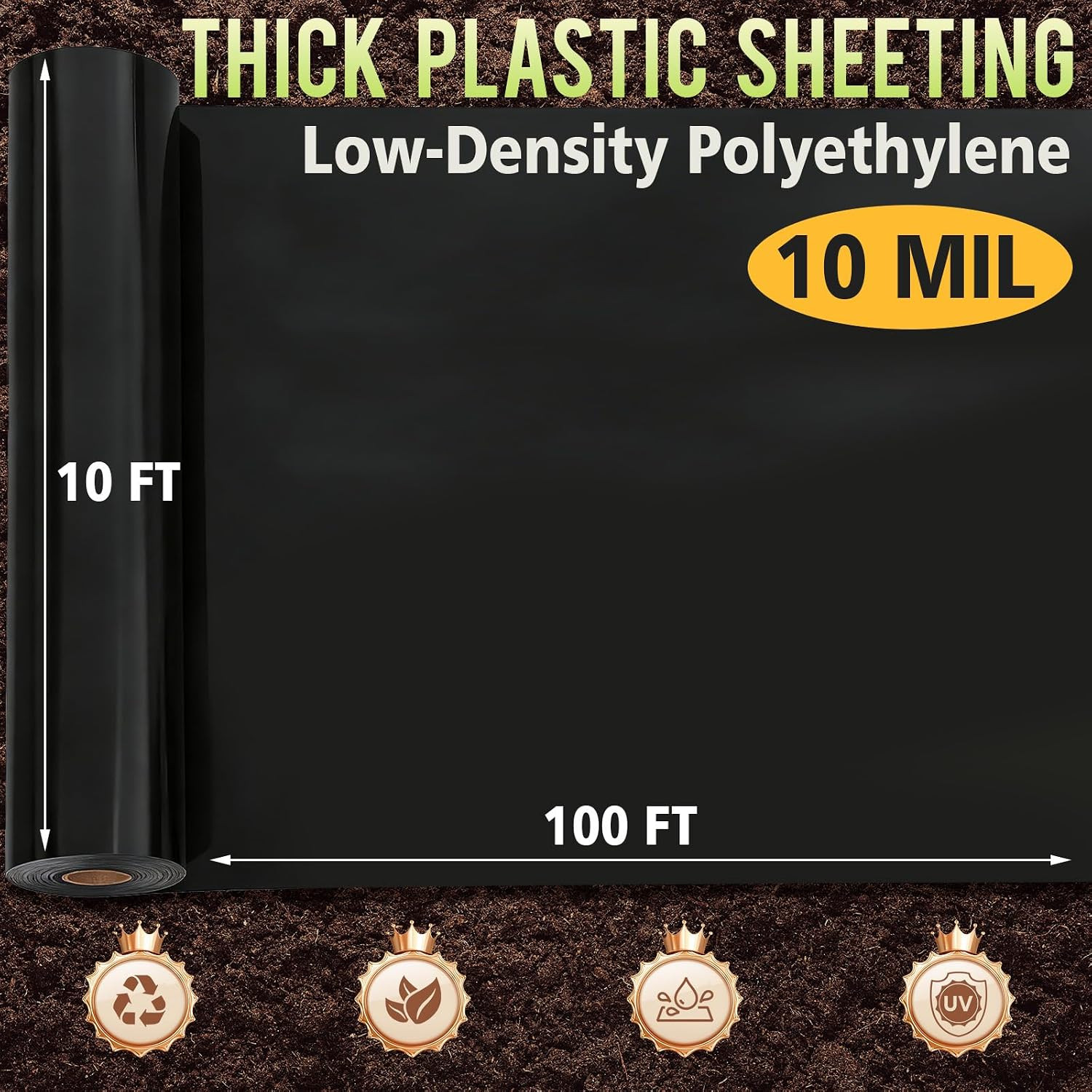 10Ft X 100Ft 10 Mil Black Plastic Sheeting Heavy Duty, LLDPE Vapor Barrier for C
