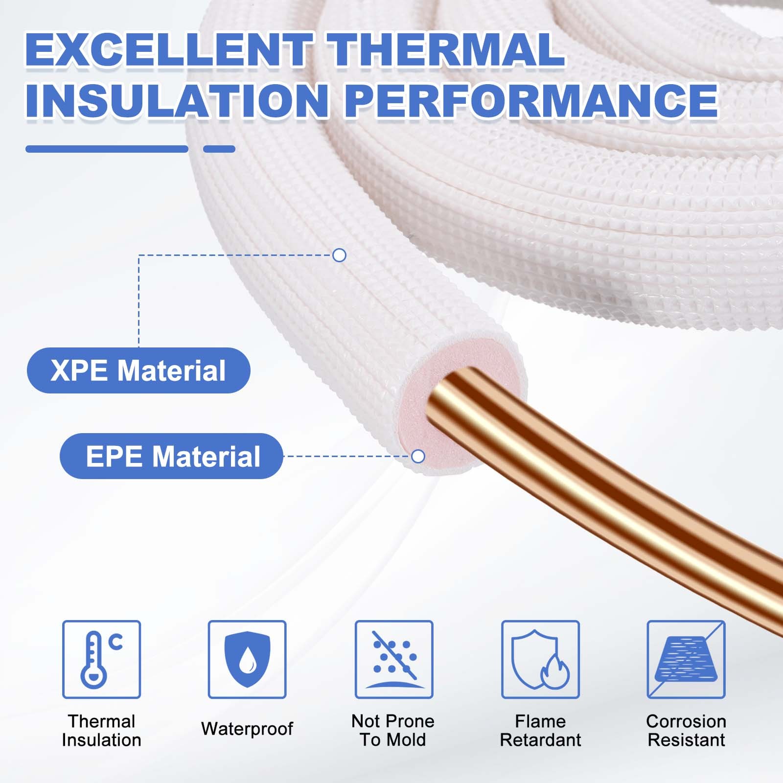 11ft Length White/Pink HVAC Copper Pipe Insulation Foam Tube 1/2″ ID Pipes