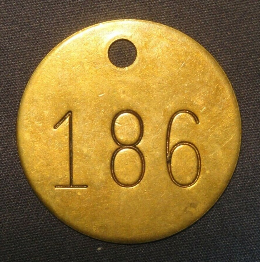 Number 186 Tag Brass 1-1/2″ Vintage Numbered Keychain Cattle Tag Mining Cow