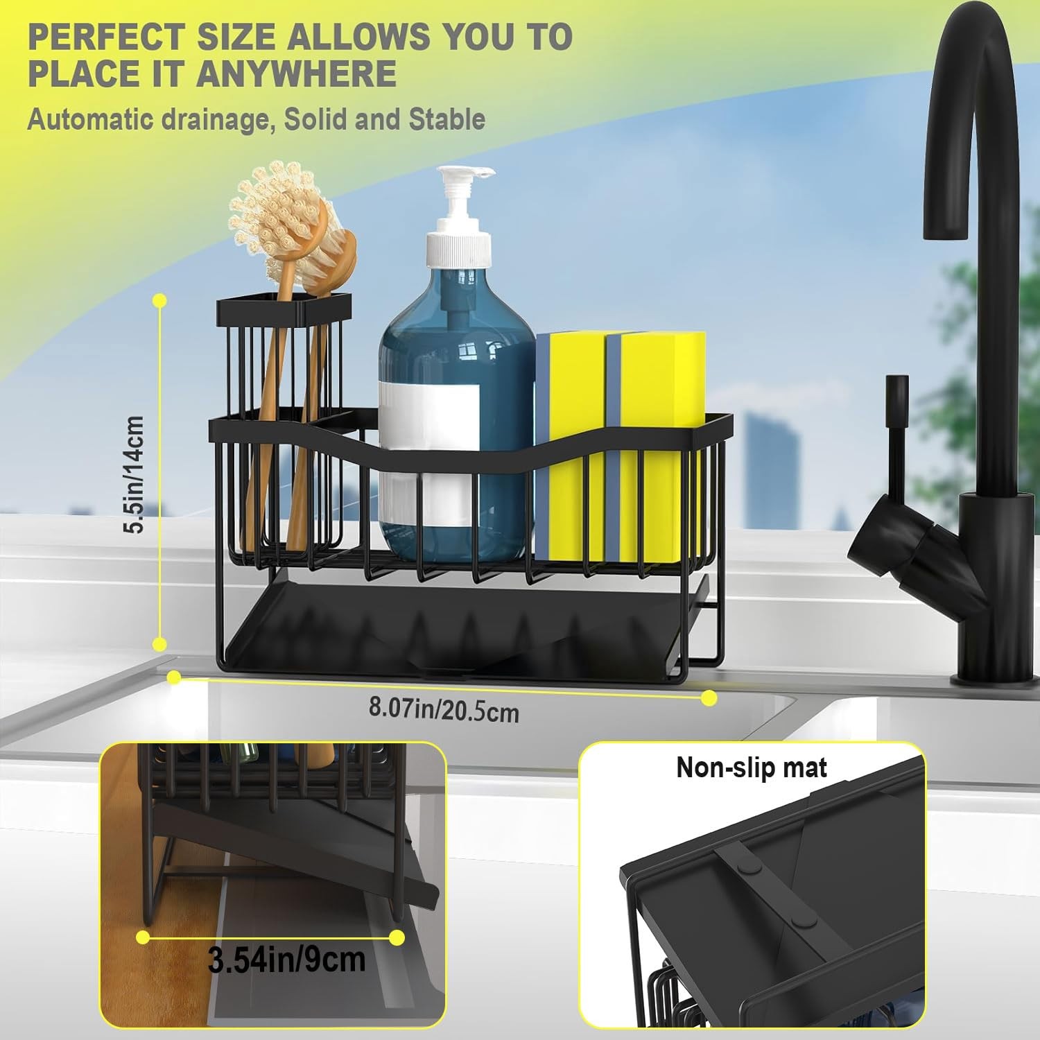Fssvcd Maifan Sink Caddy Sponge Holder for Kitchen with Brush Black