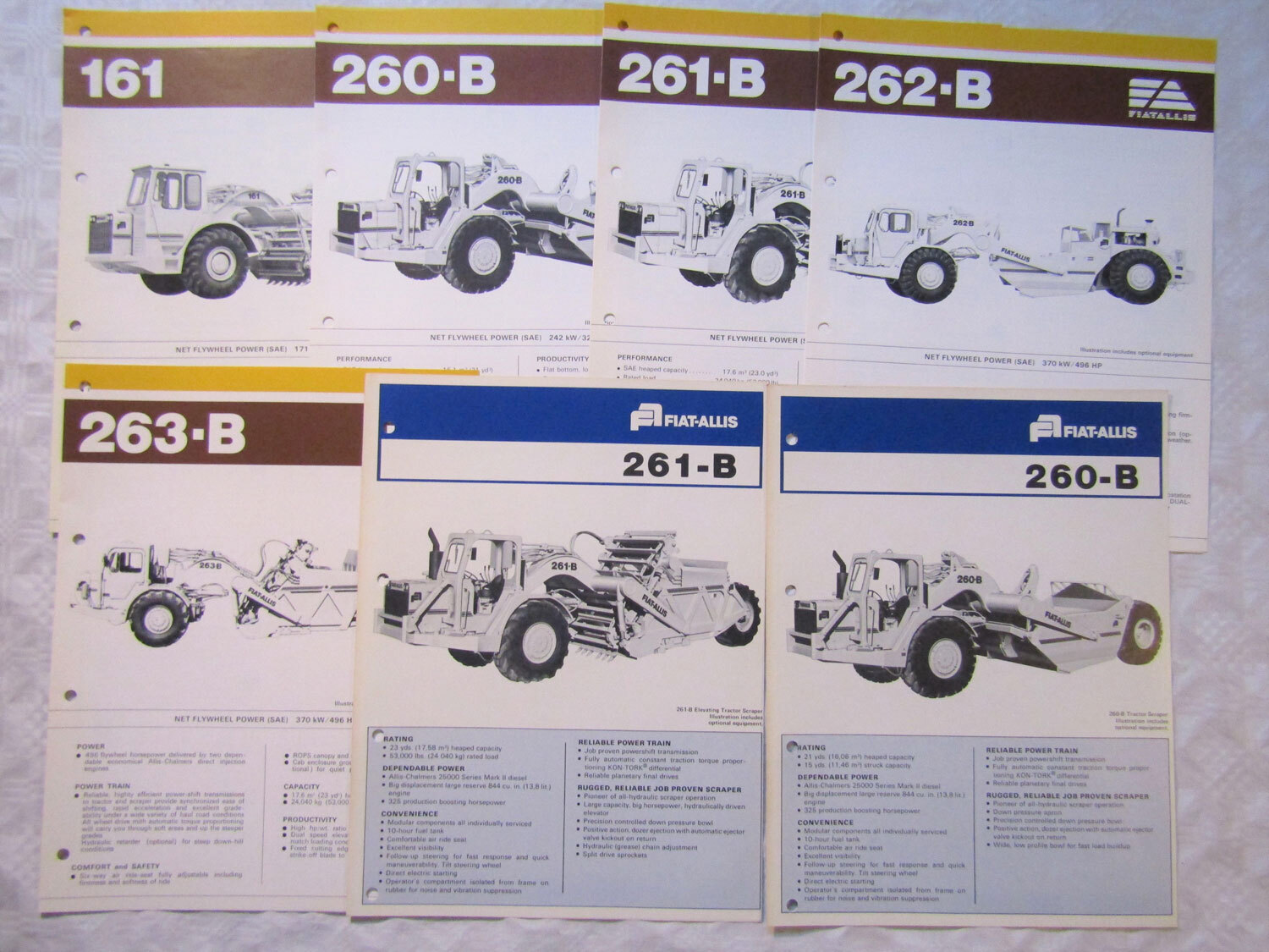 7x Brochure Fiat-Allis Fiatallis 262-B 263-B 261-B 260-B 161 Scraper 1982