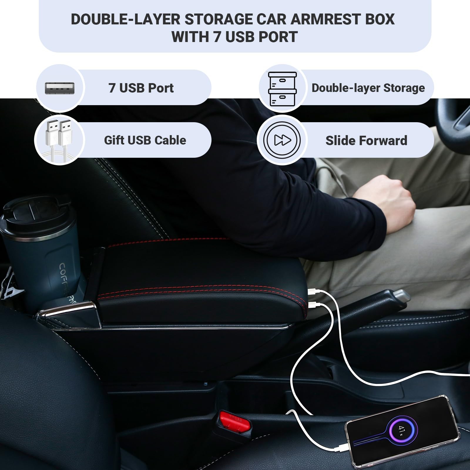 Toyota Prius C Armrest Rotatable Center Console Black Dual Layer 7 USB