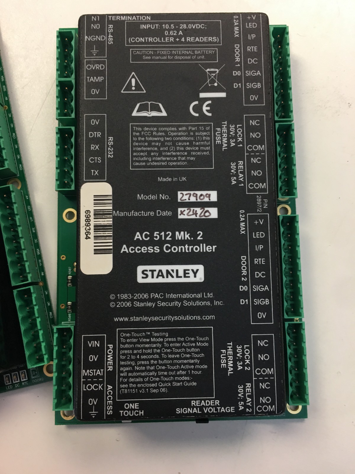 GDX Stanley PAC 512 Mk2 Two Door Access Control Panel 27909/ 27055