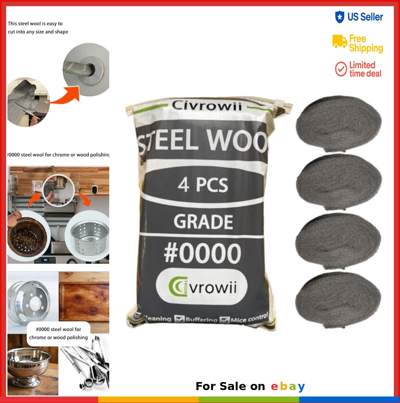 0000 Steel Wool Hole Filler Gap Blocker Barrier 4 Pack Extra Fine for Wood