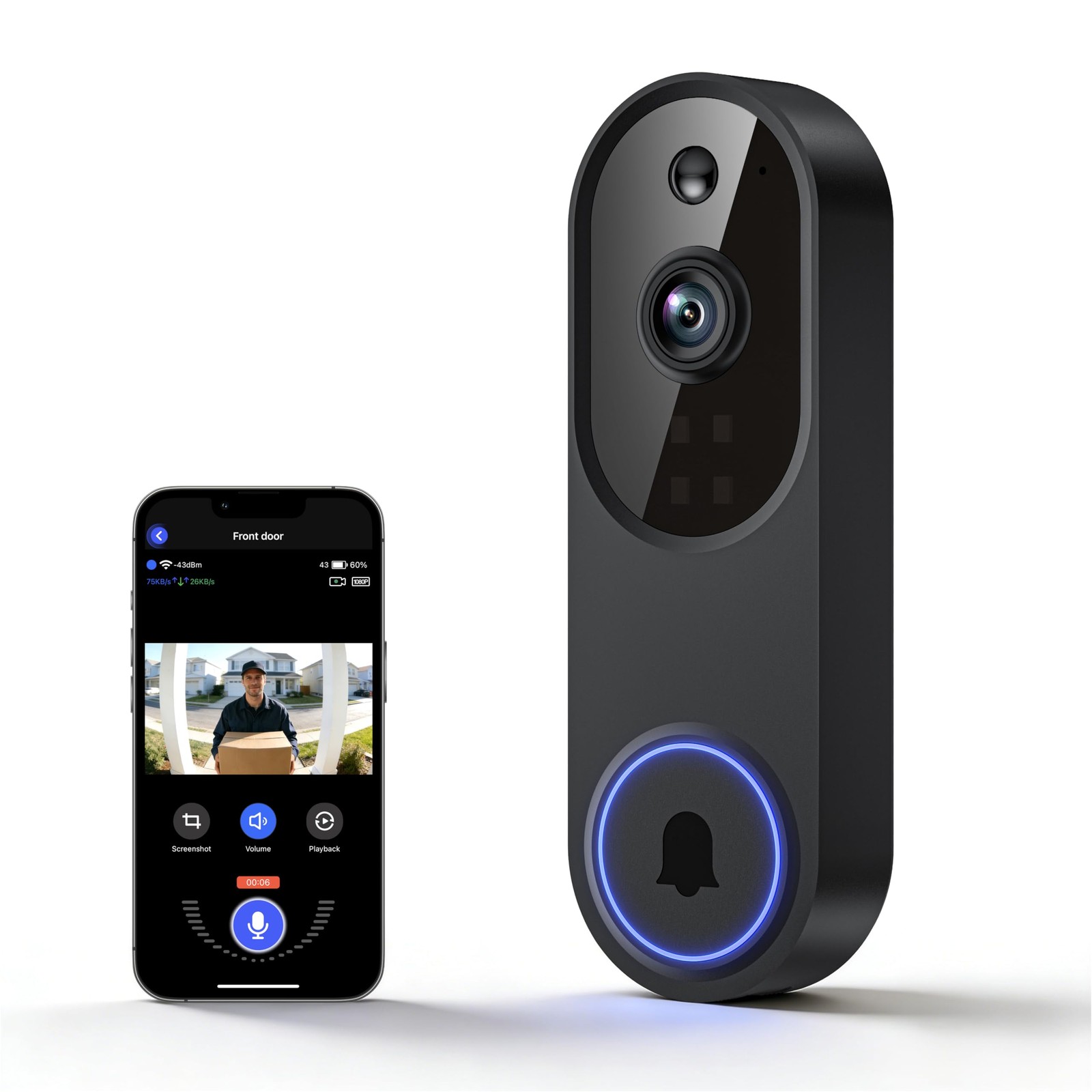 Lunelyx 1080P Wireless Video Doorbell Camera, Outdoor Surveillance Black