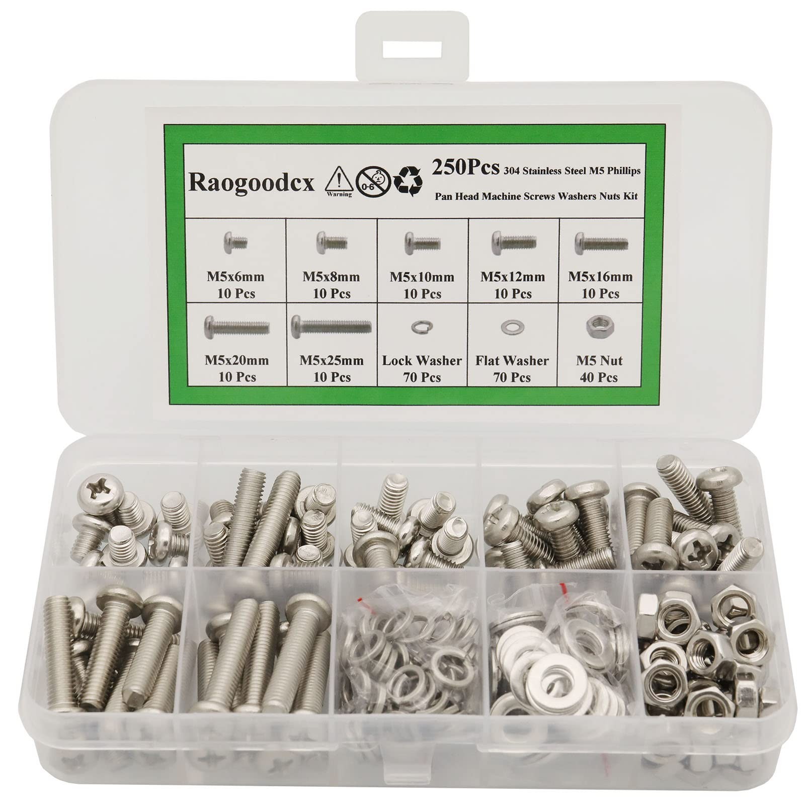 250Pcs Phillips Pan Head Machine Screws M5 x 6mm /8mm /10mm /12mm /16mm /20mm…