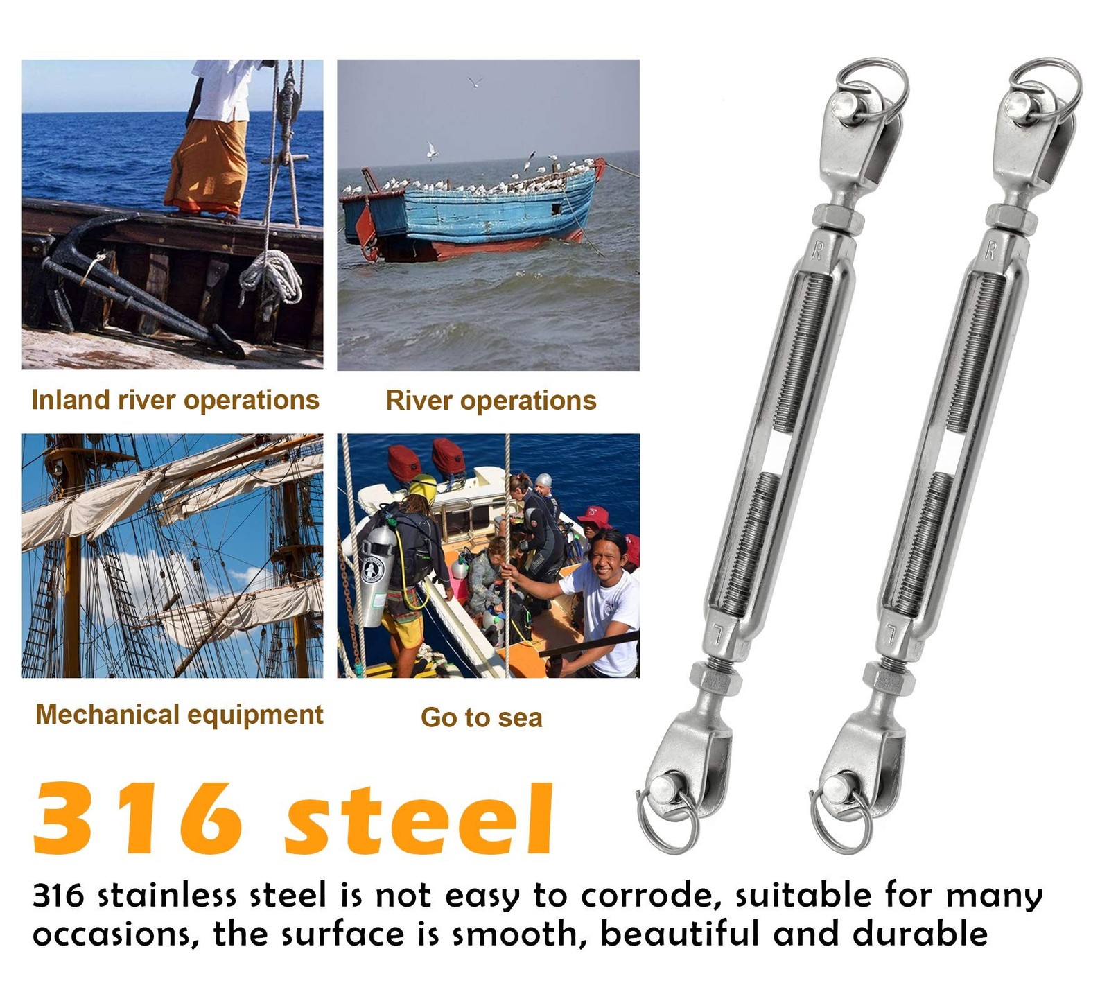 2PCS 316 Stainless Steel Jaw and Jaw Turnbuckle, 6mm Threaded Diameter x 2.7″…