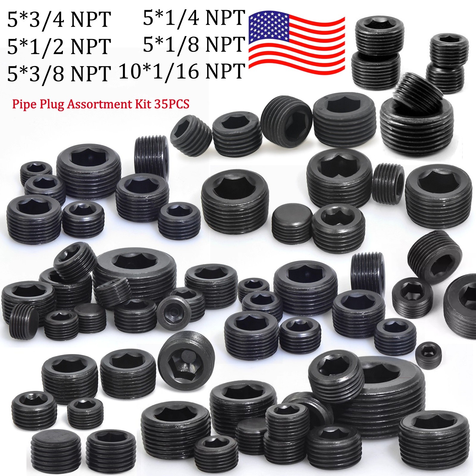35PCS Pipe Plug Assortment Kit Carbon Steel 1/16 NPT Thru 3/4 NPT PLUGS SALE!!