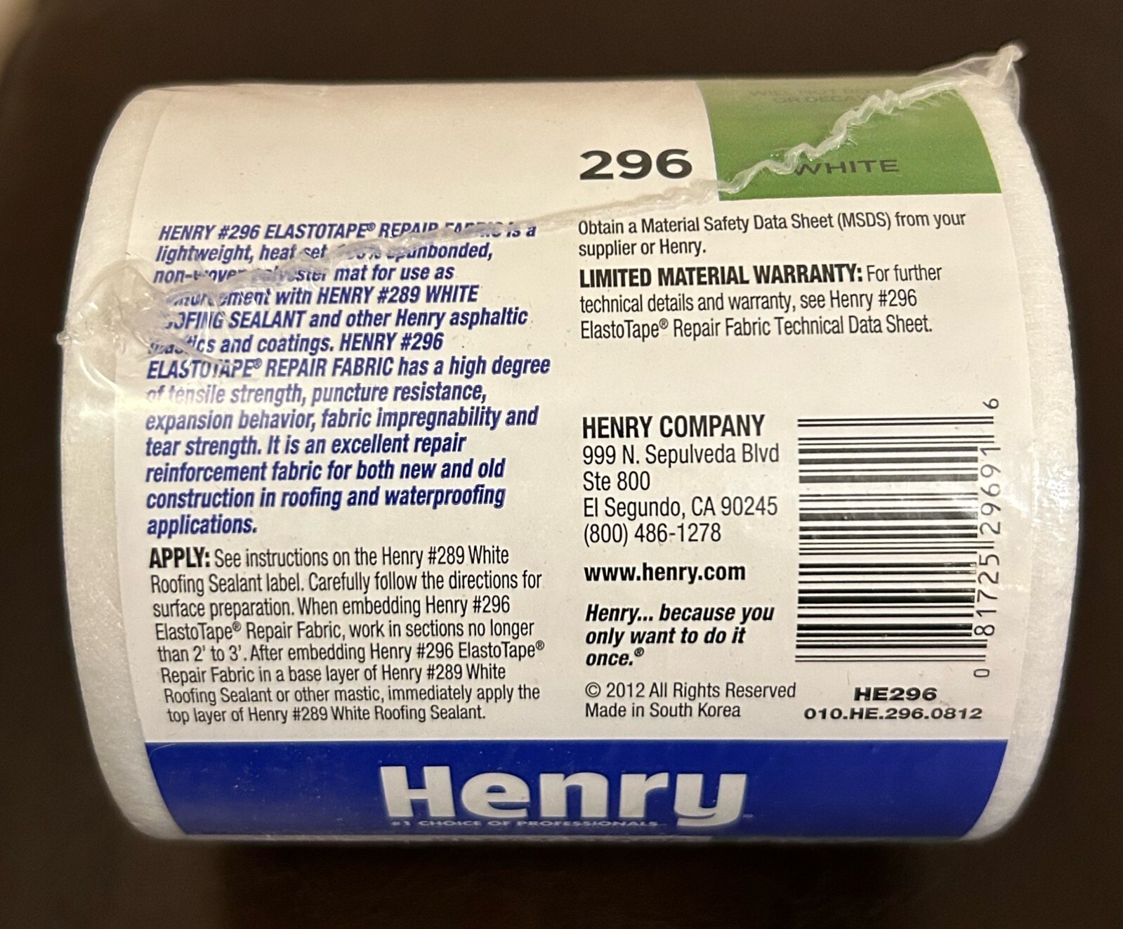 FIVE ROLLS Henry Elastotape Repair Fabric 4″ x 150′ 296 White New Fast Ship