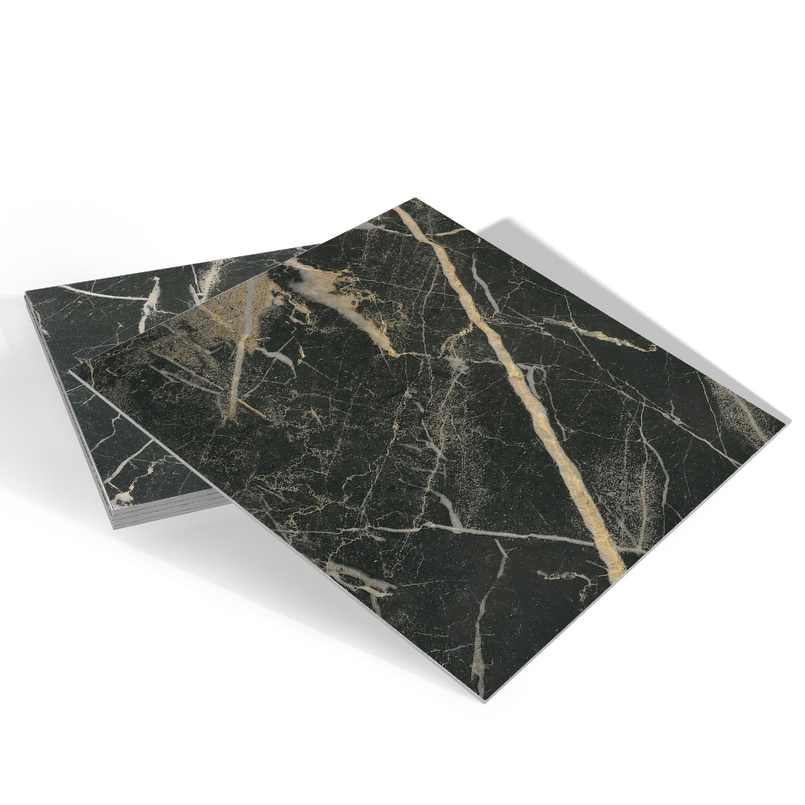 Wallderful Marble Peel and Stick Floor Tile Black 12″x12″x0.06″, Gold